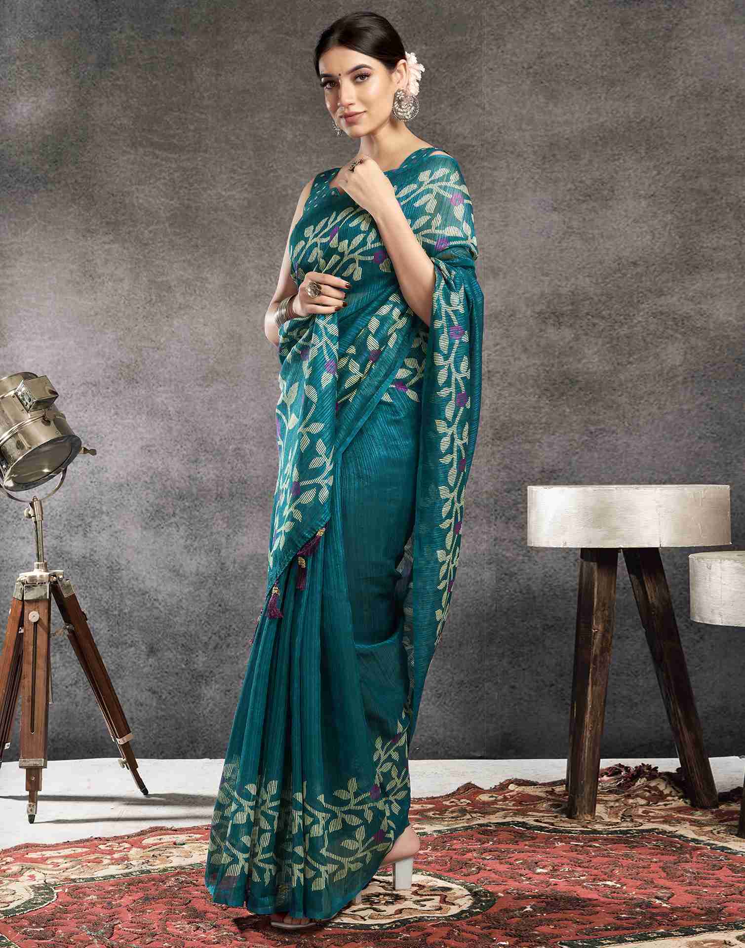 Rama Blue Cotton Woven Printed Saree