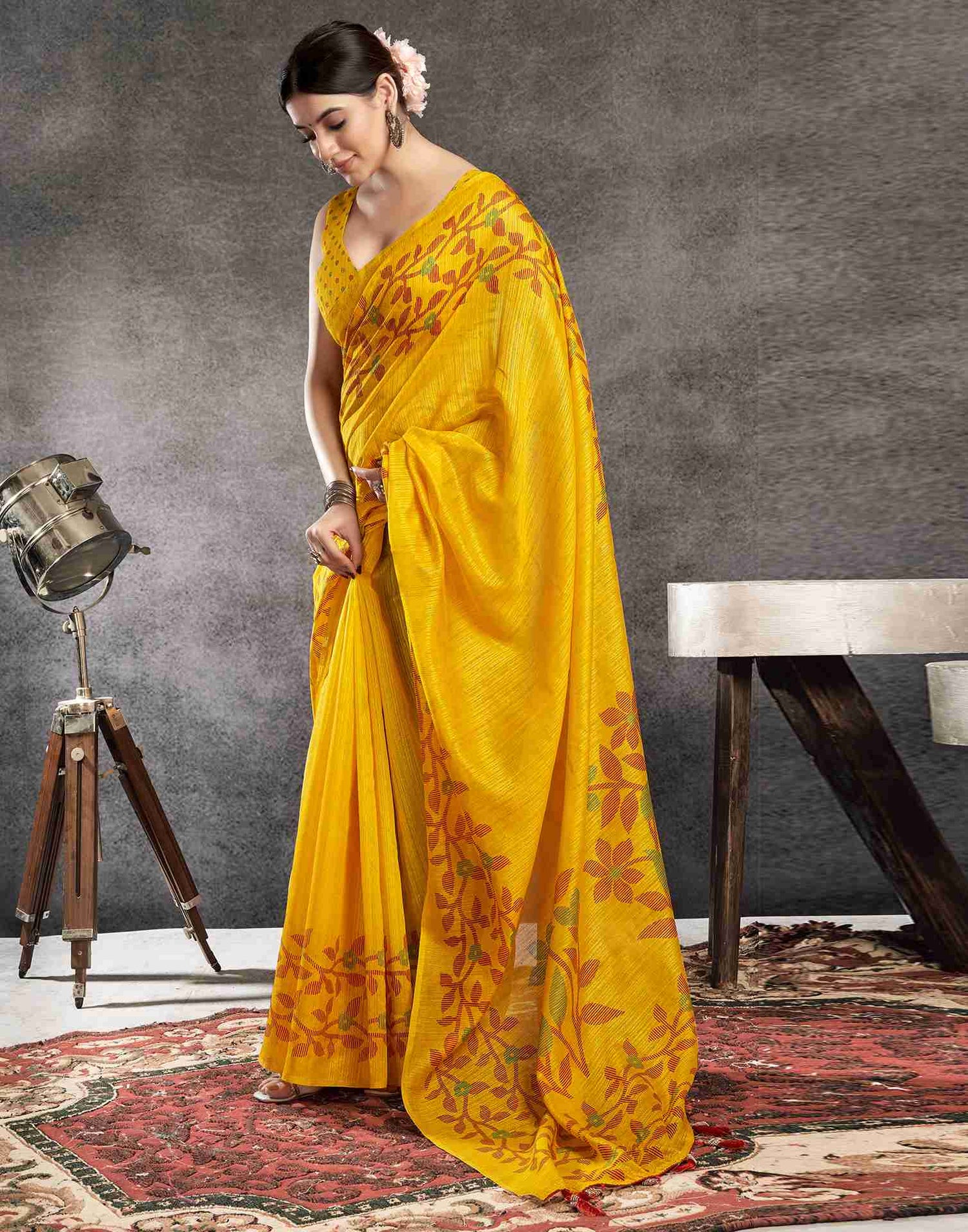 Turmeric Yellow Cotton Woven Printed Saree