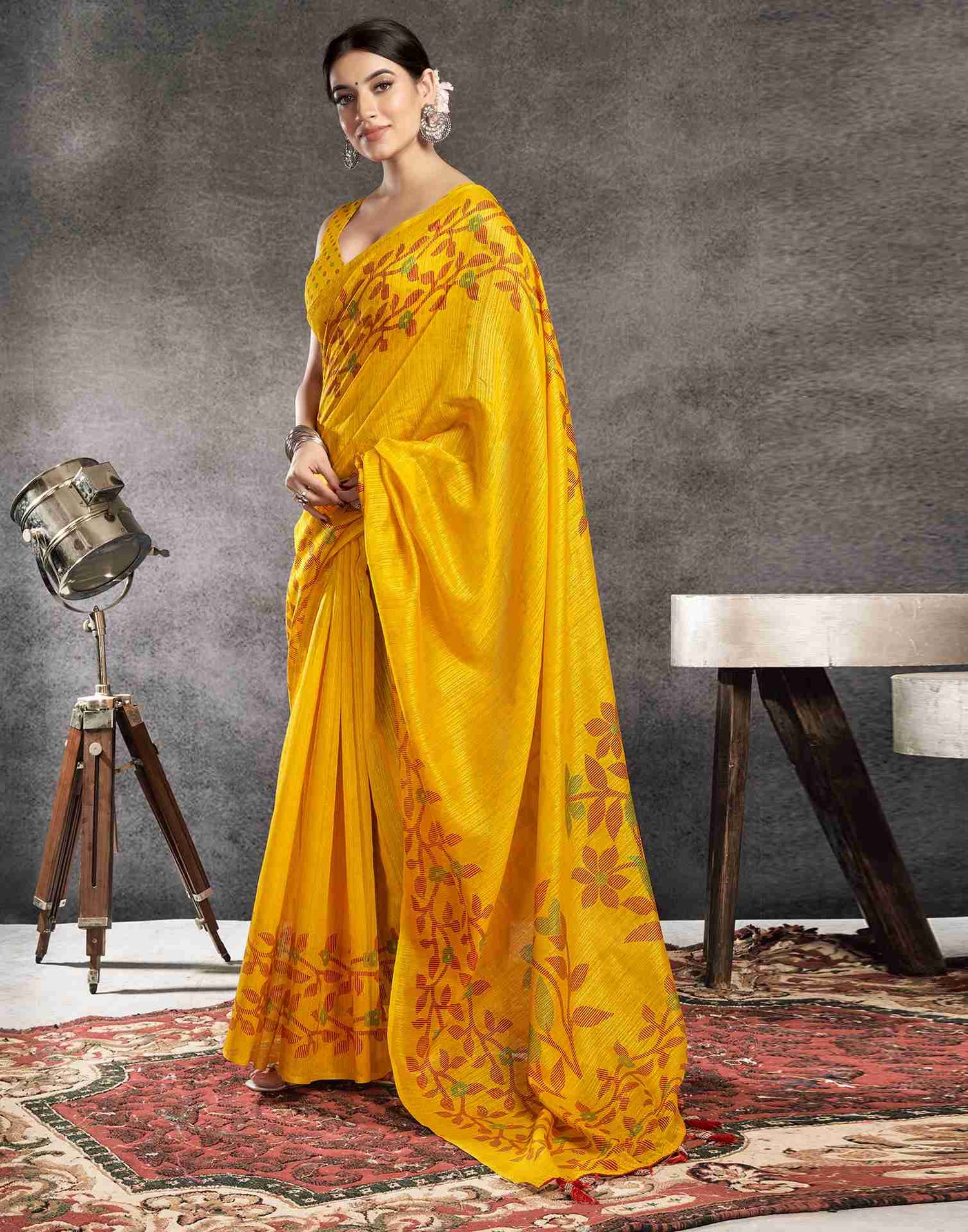 Turmeric Yellow Cotton Woven Printed Saree