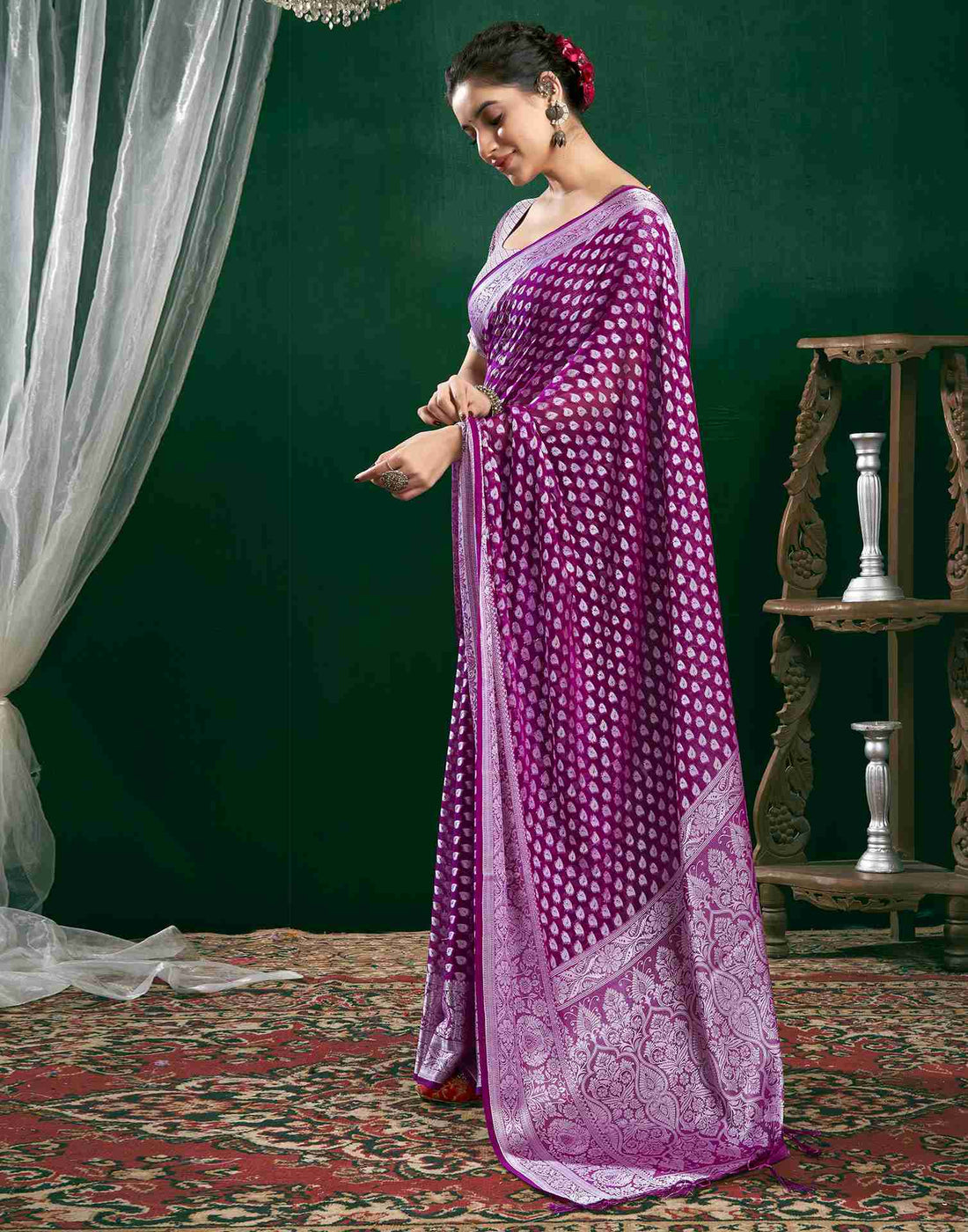 Dark Magenta Georgette Woven Foil Printed Saree