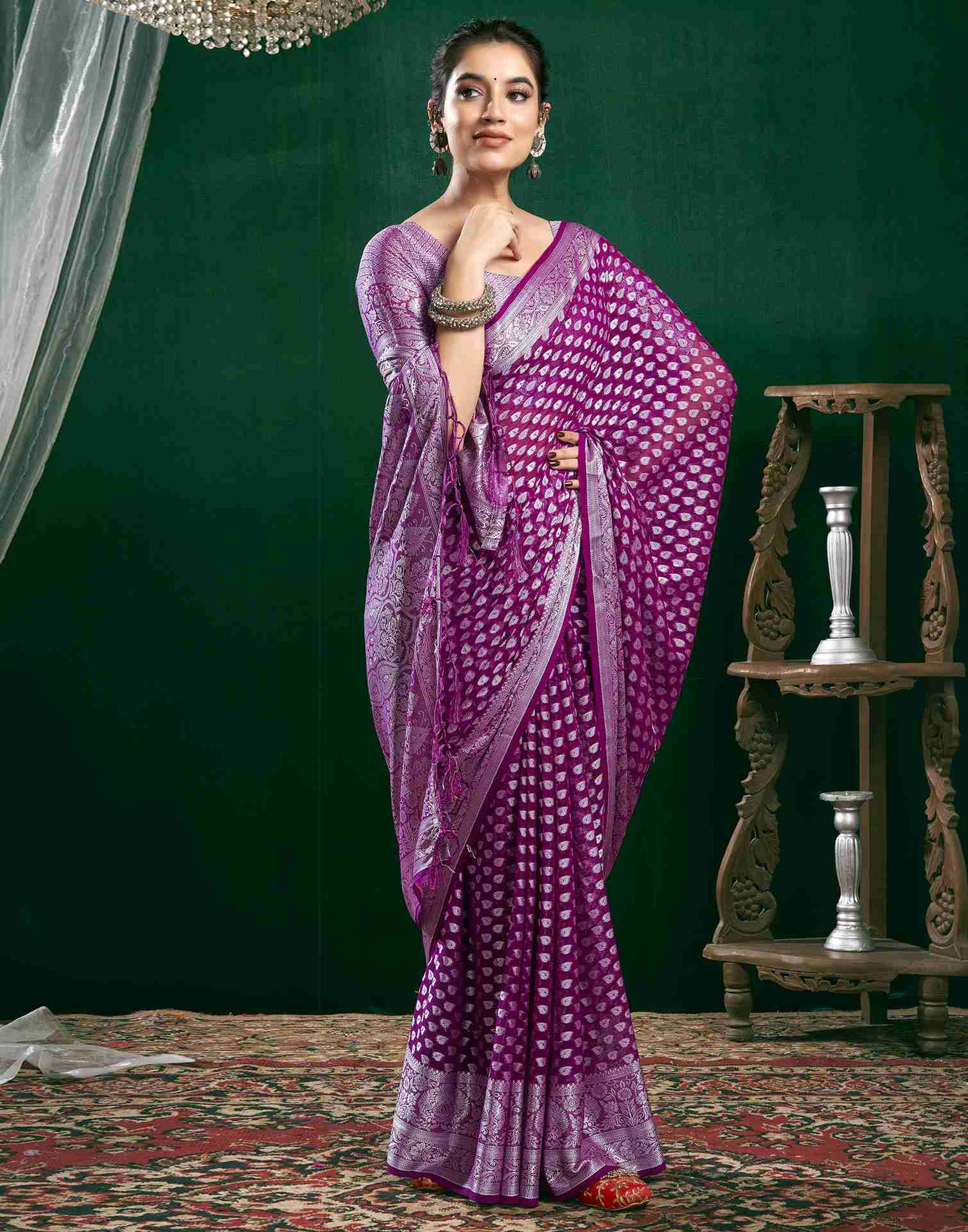 Dark Magenta Georgette Woven Foil Printed Saree