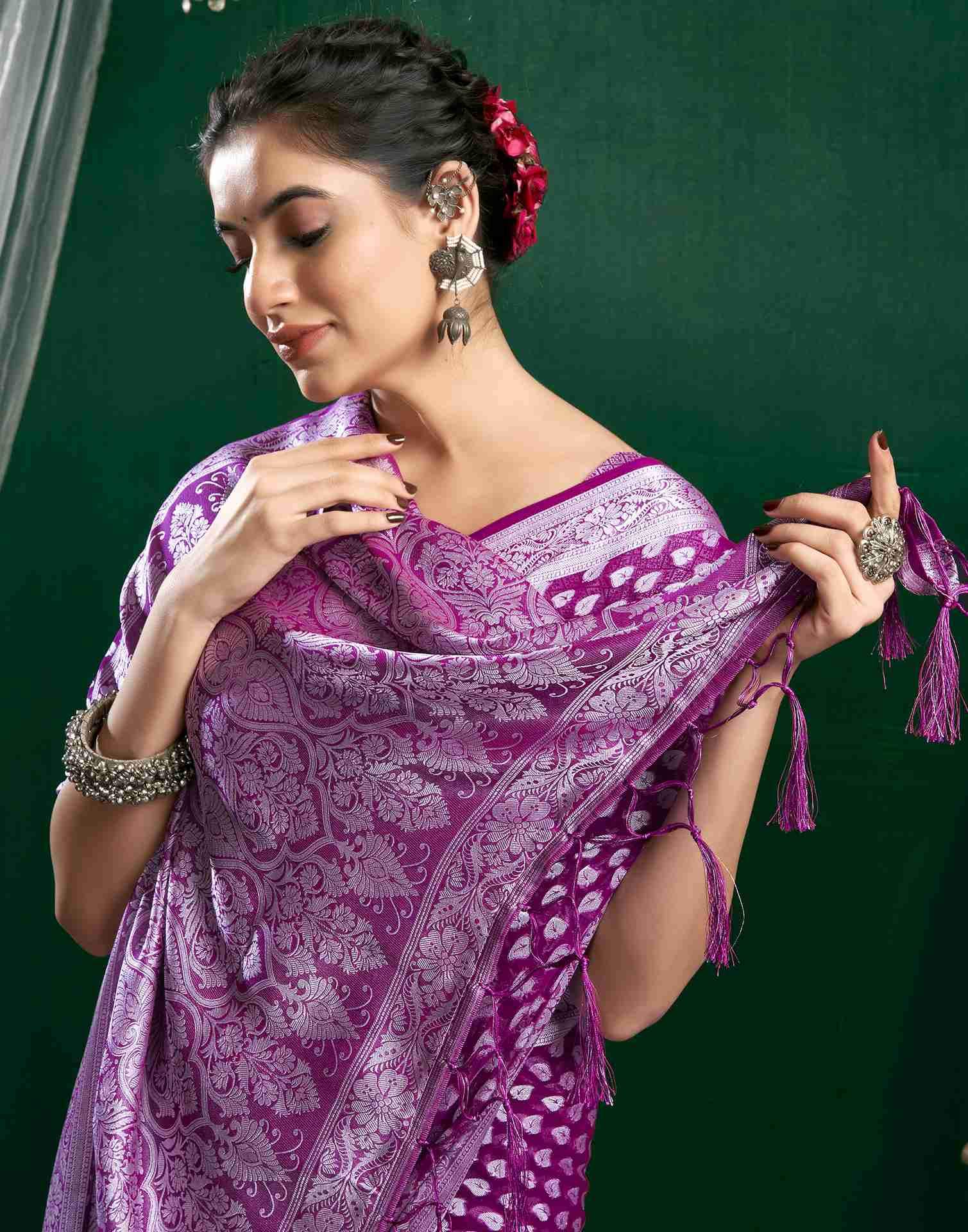 Dark Magenta Georgette Woven Foil Printed Saree