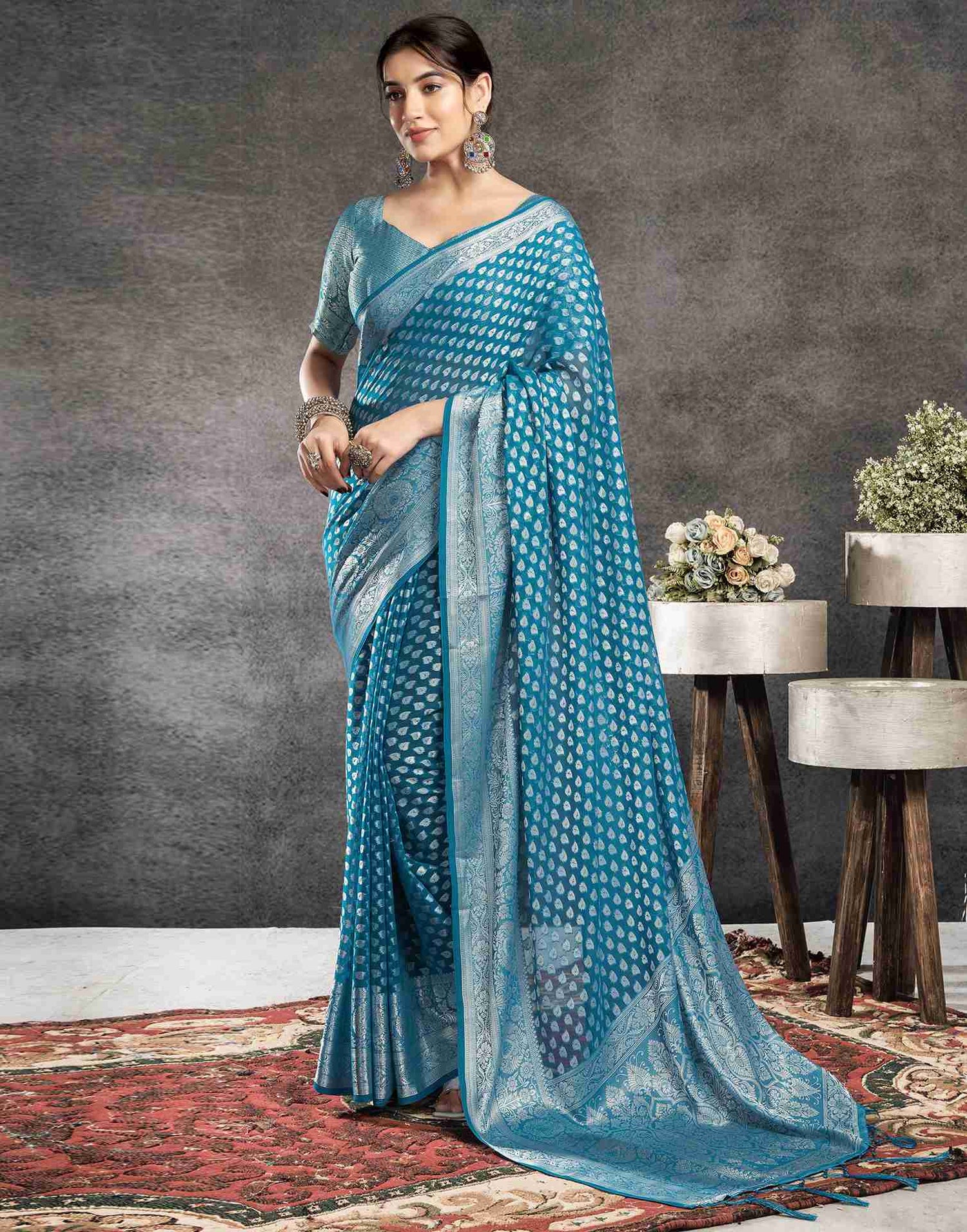 Teal Blue Georgette Woven Foil Printed Saree