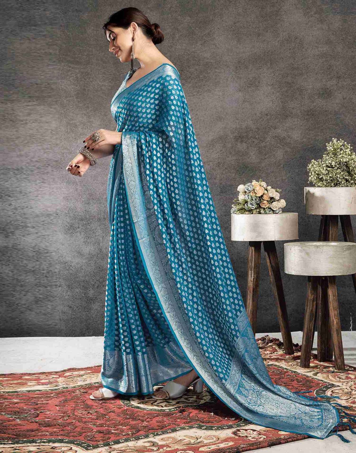 Teal Blue Georgette Woven Foil Printed Saree