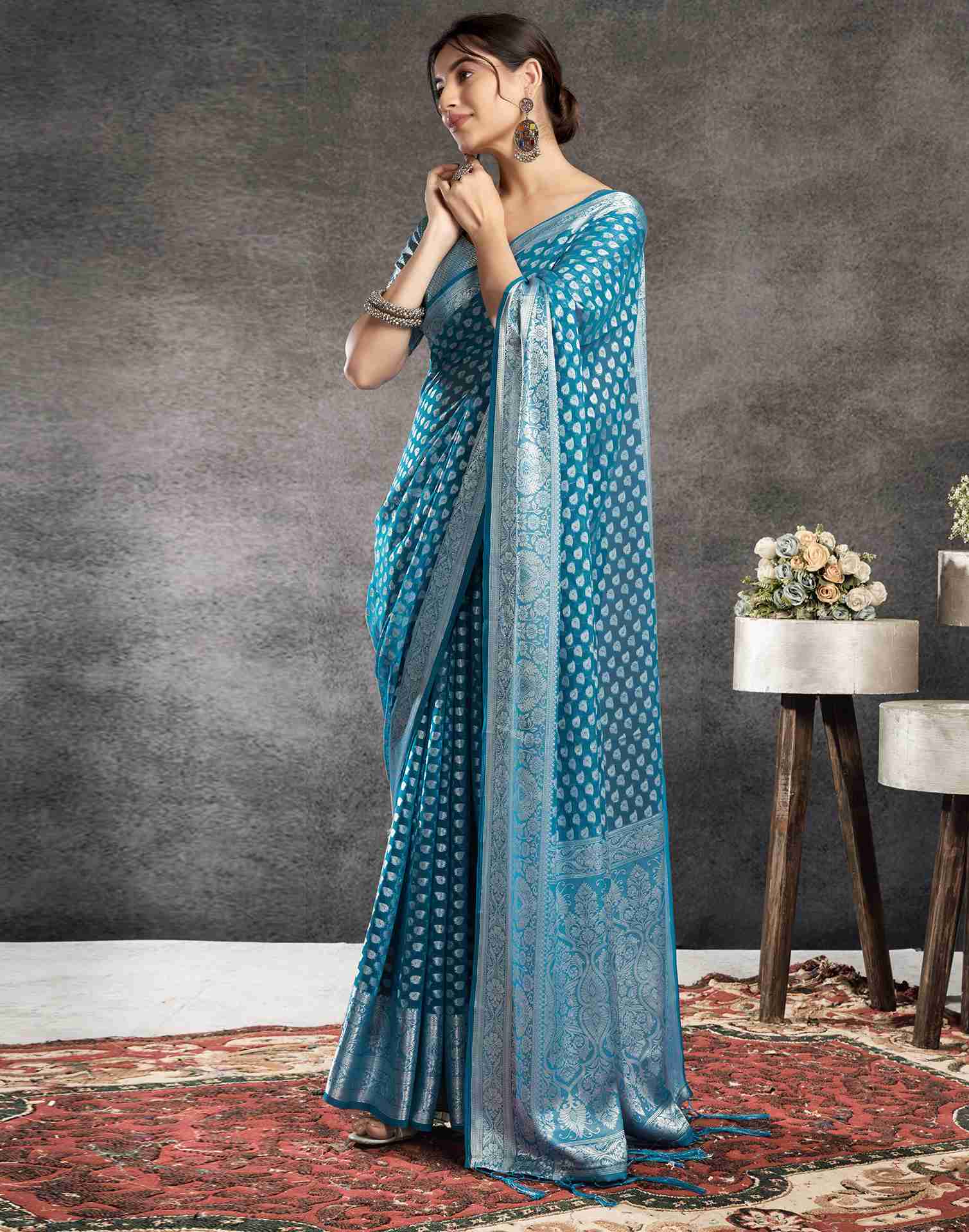 Teal Blue Georgette Woven Foil Printed Saree