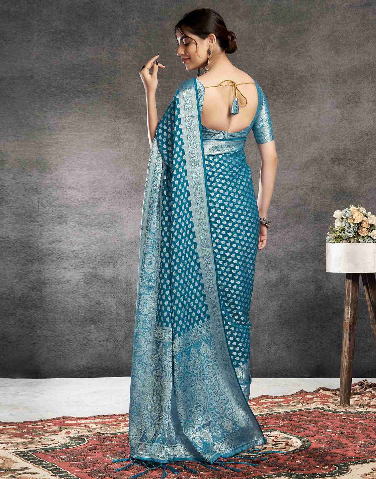 Teal Blue Georgette Woven Foil Printed Saree