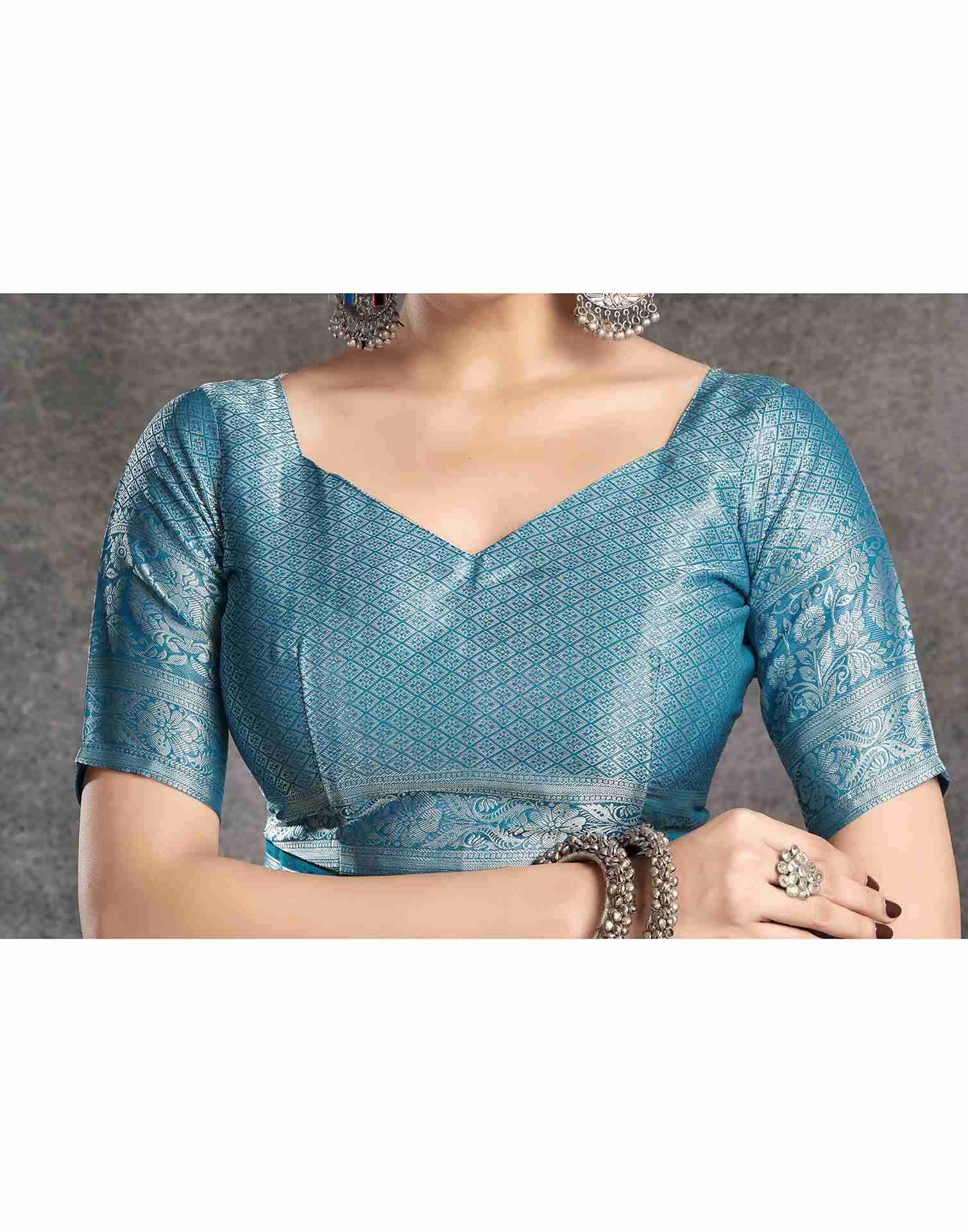 Teal Blue Georgette Woven Foil Printed Saree