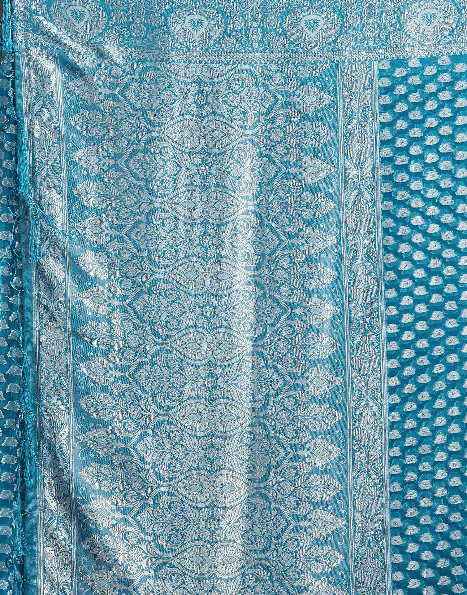 Teal Blue Georgette Woven Foil Printed Saree