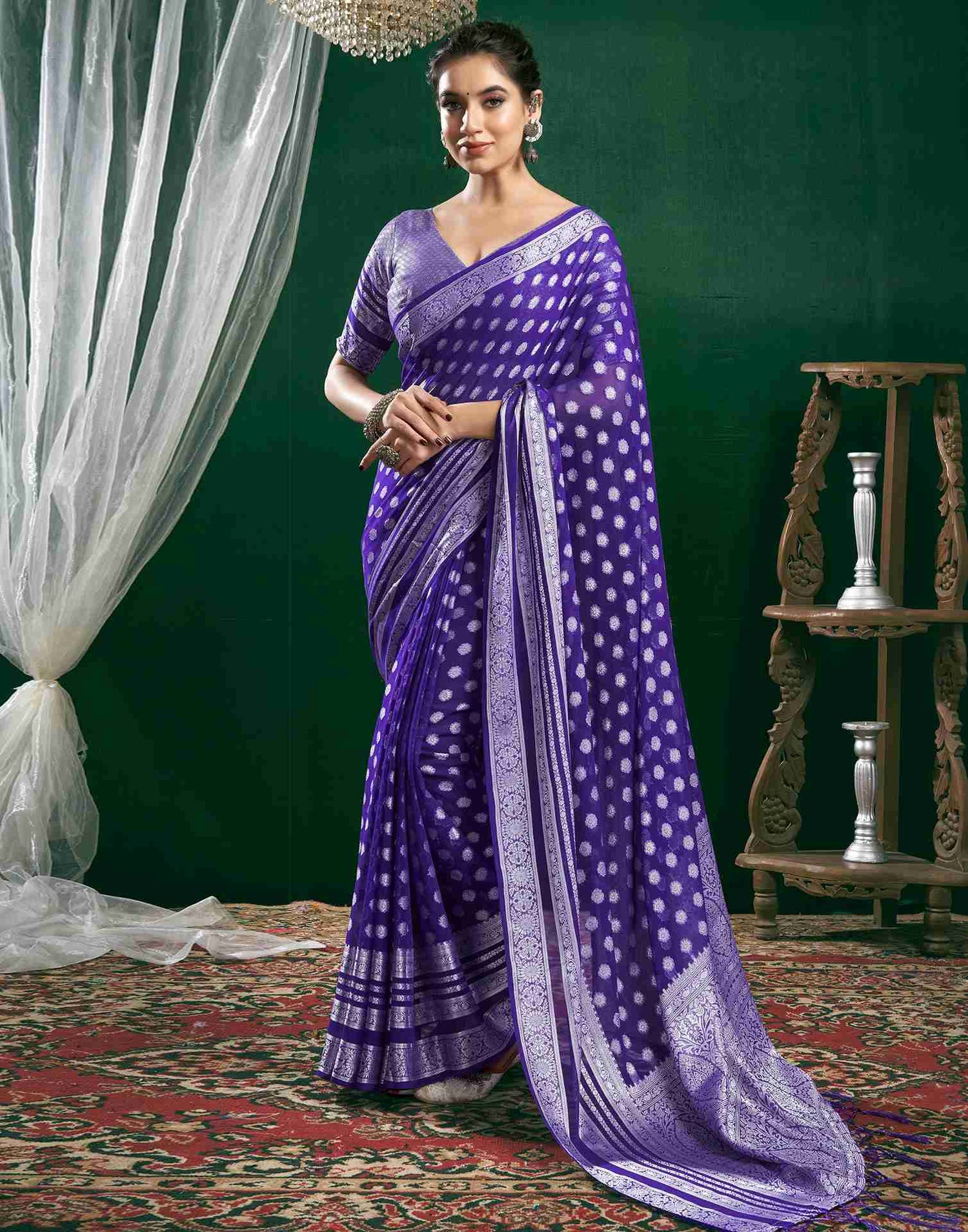 Violet Georgette Woven Foil Printed Saree