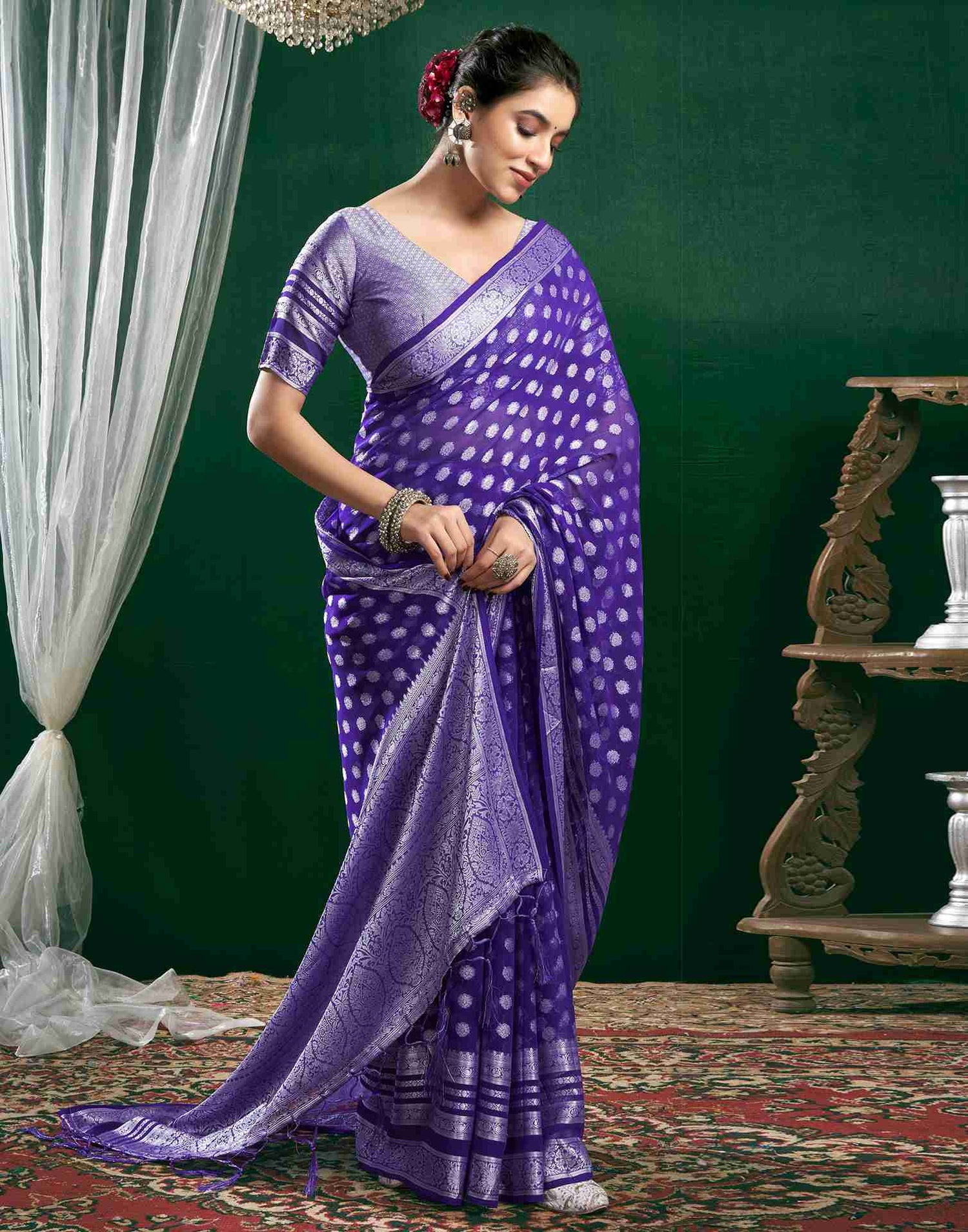 Violet Georgette Woven Foil Printed Saree