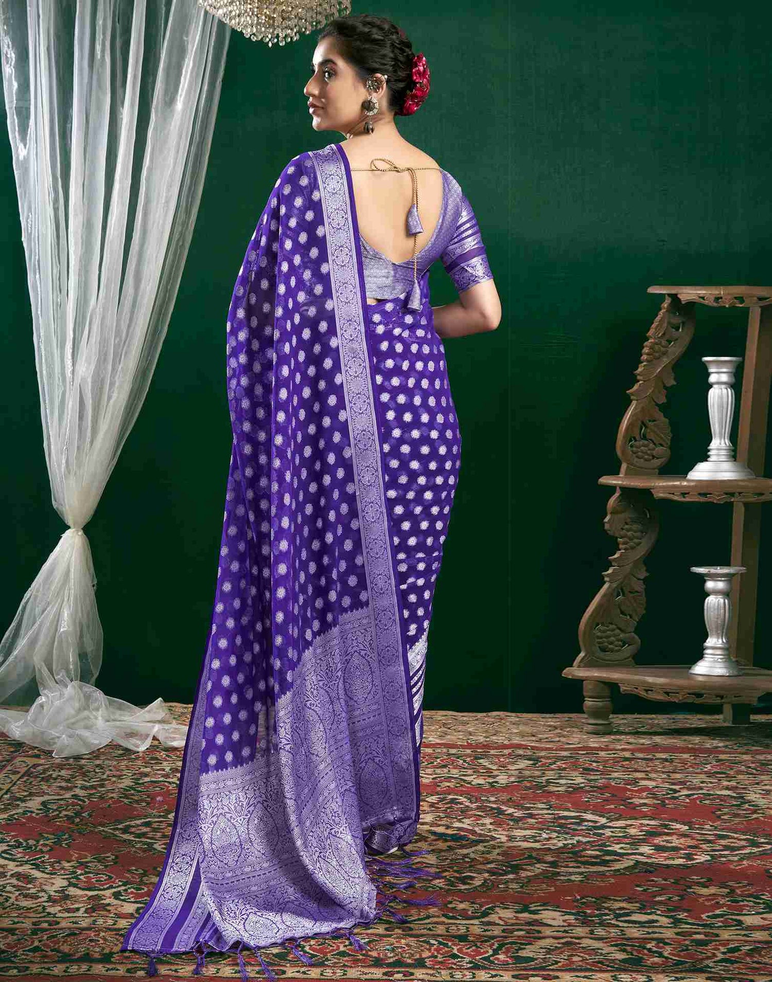 Violet Georgette Woven Foil Printed Saree