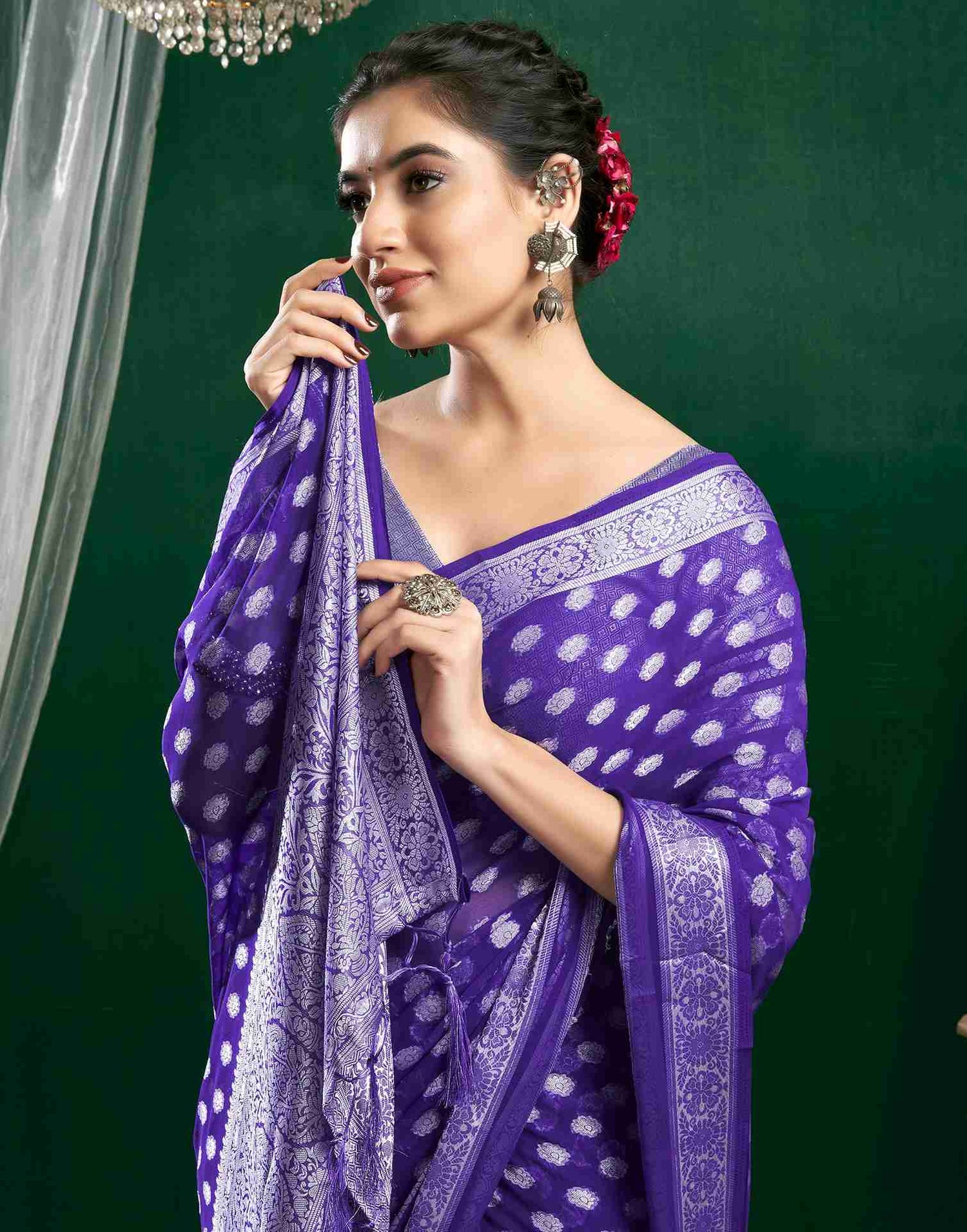 Violet Georgette Woven Foil Printed Saree