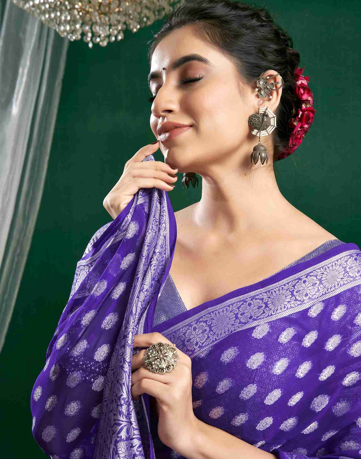 Violet Georgette Woven Foil Printed Saree