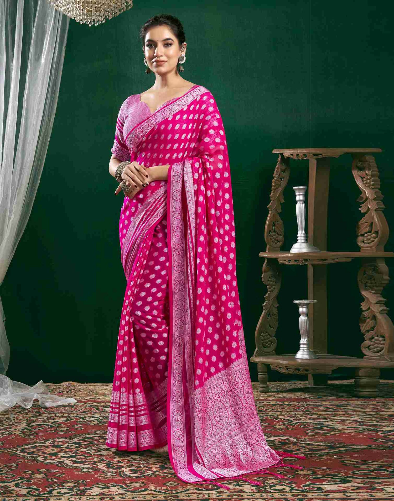 Dark Pink Georgette Woven Foil Printed Saree