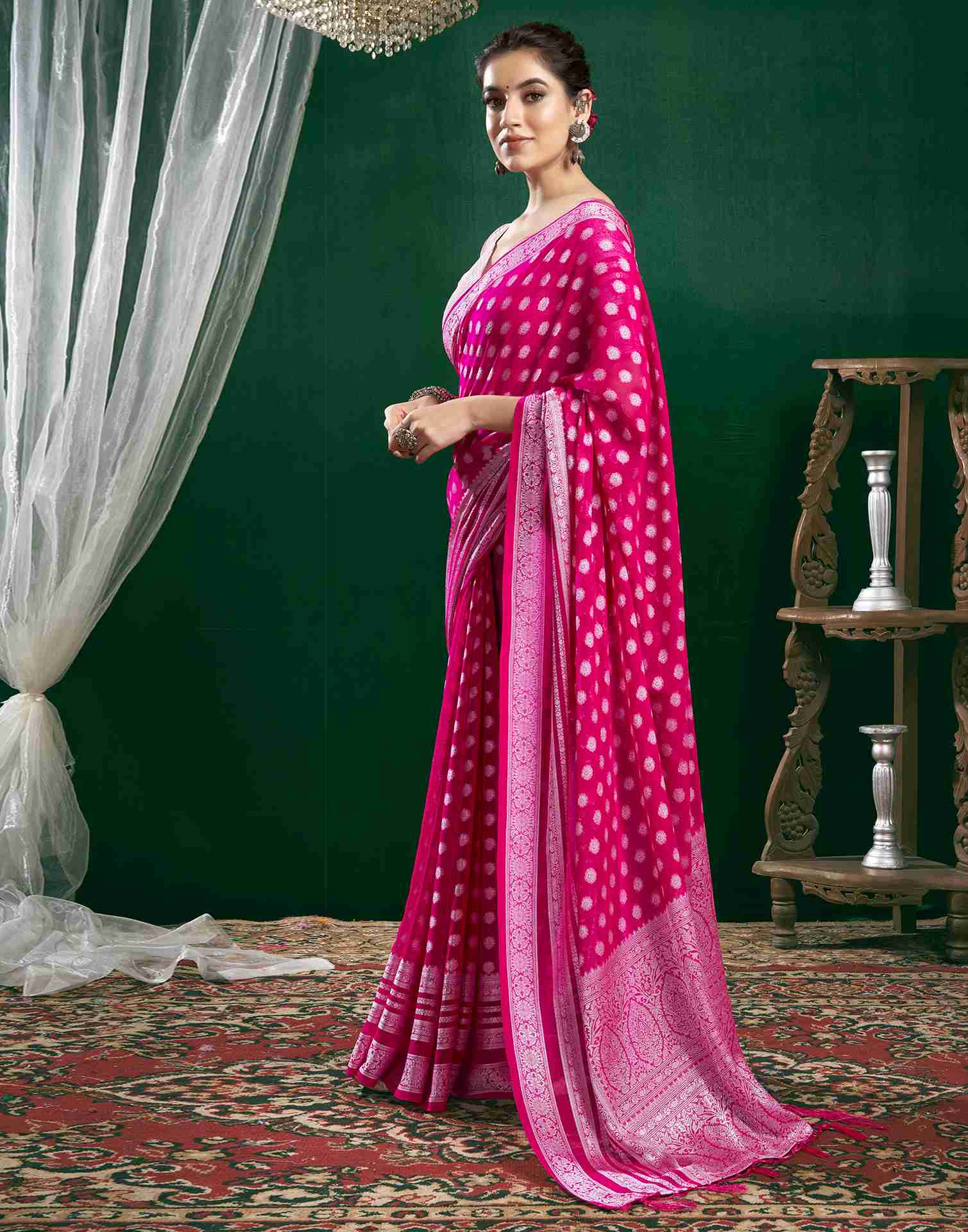 Dark Pink Georgette Woven Foil Printed Saree