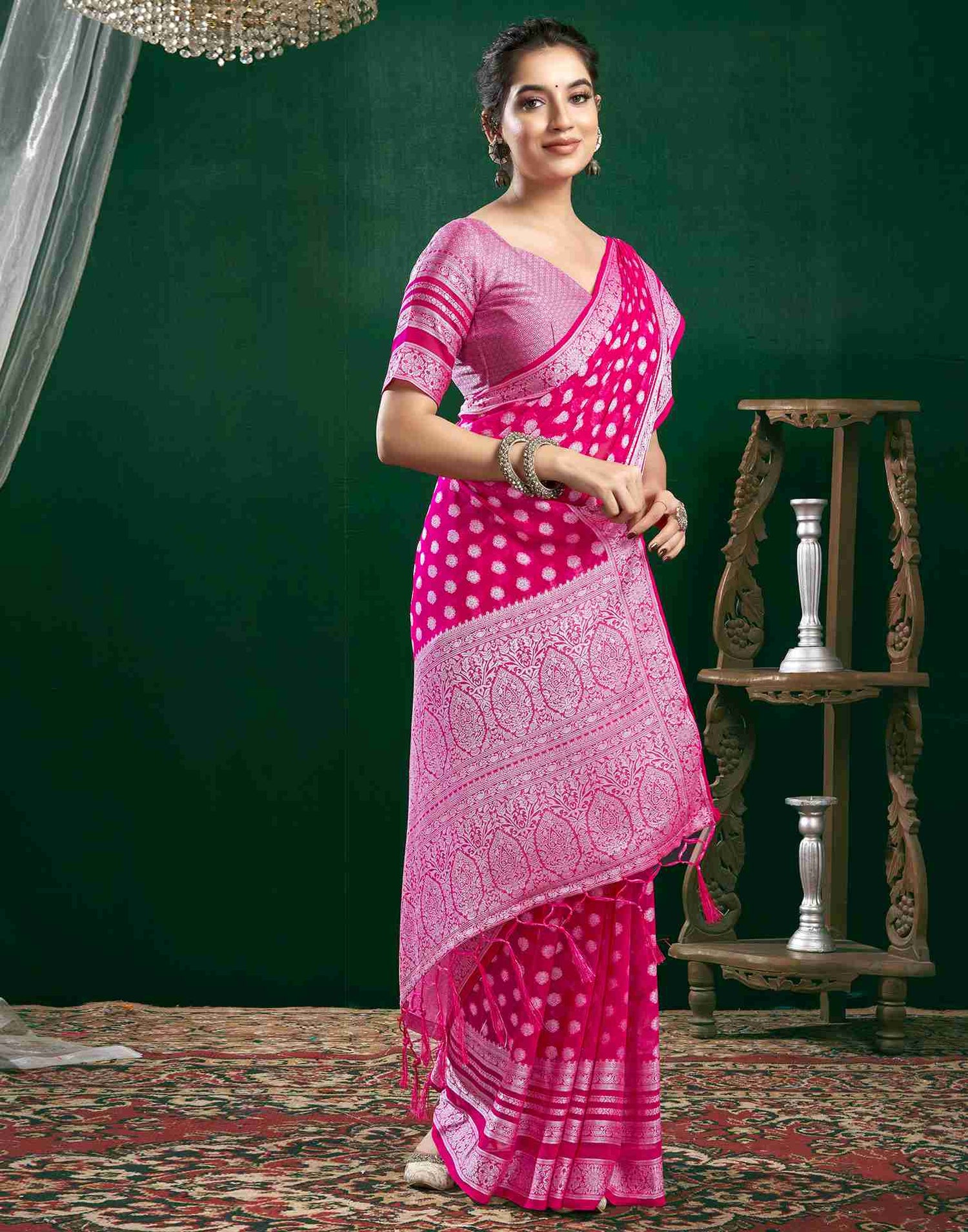 Dark Pink Georgette Woven Foil Printed Saree