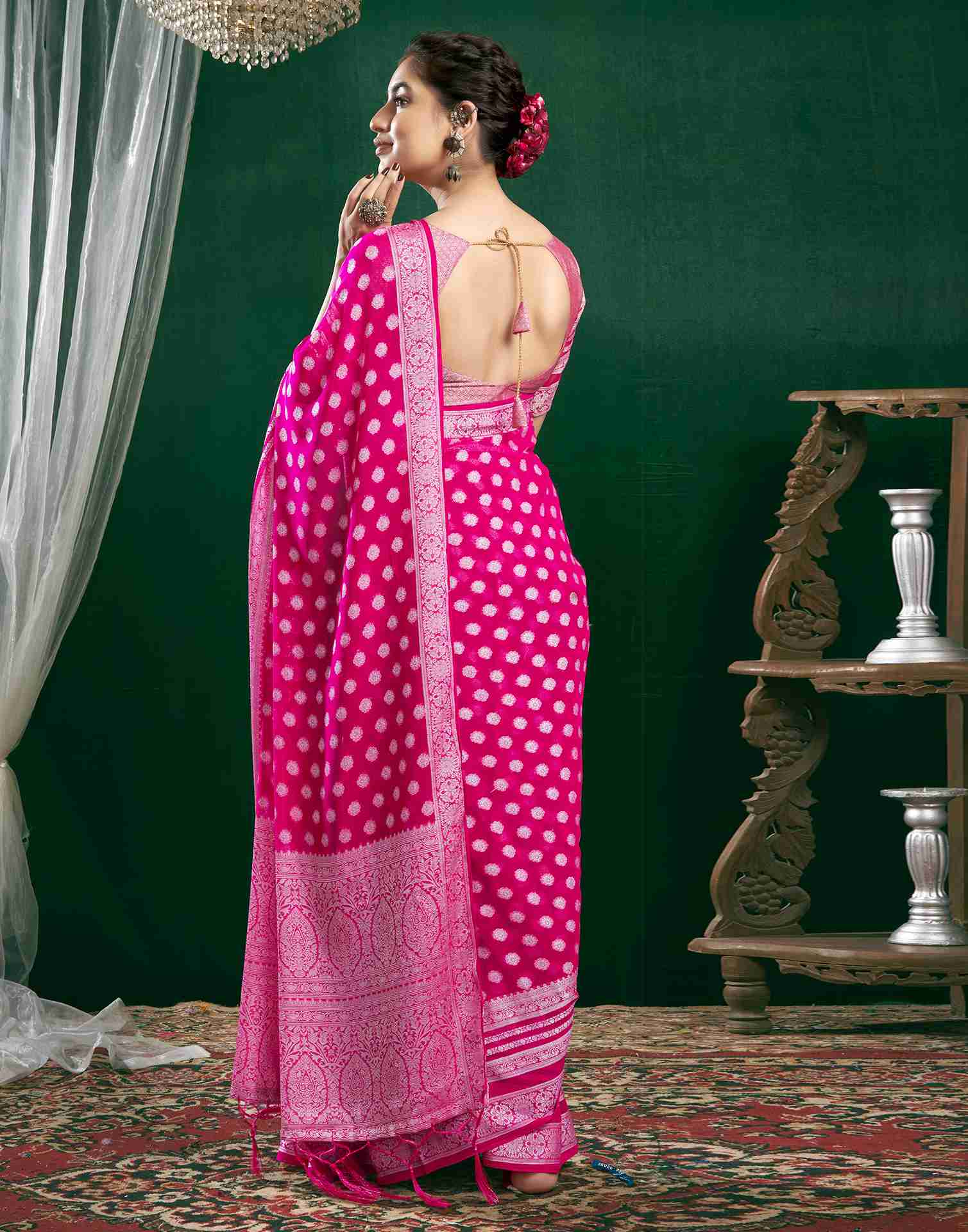 Dark Pink Georgette Woven Foil Printed Saree