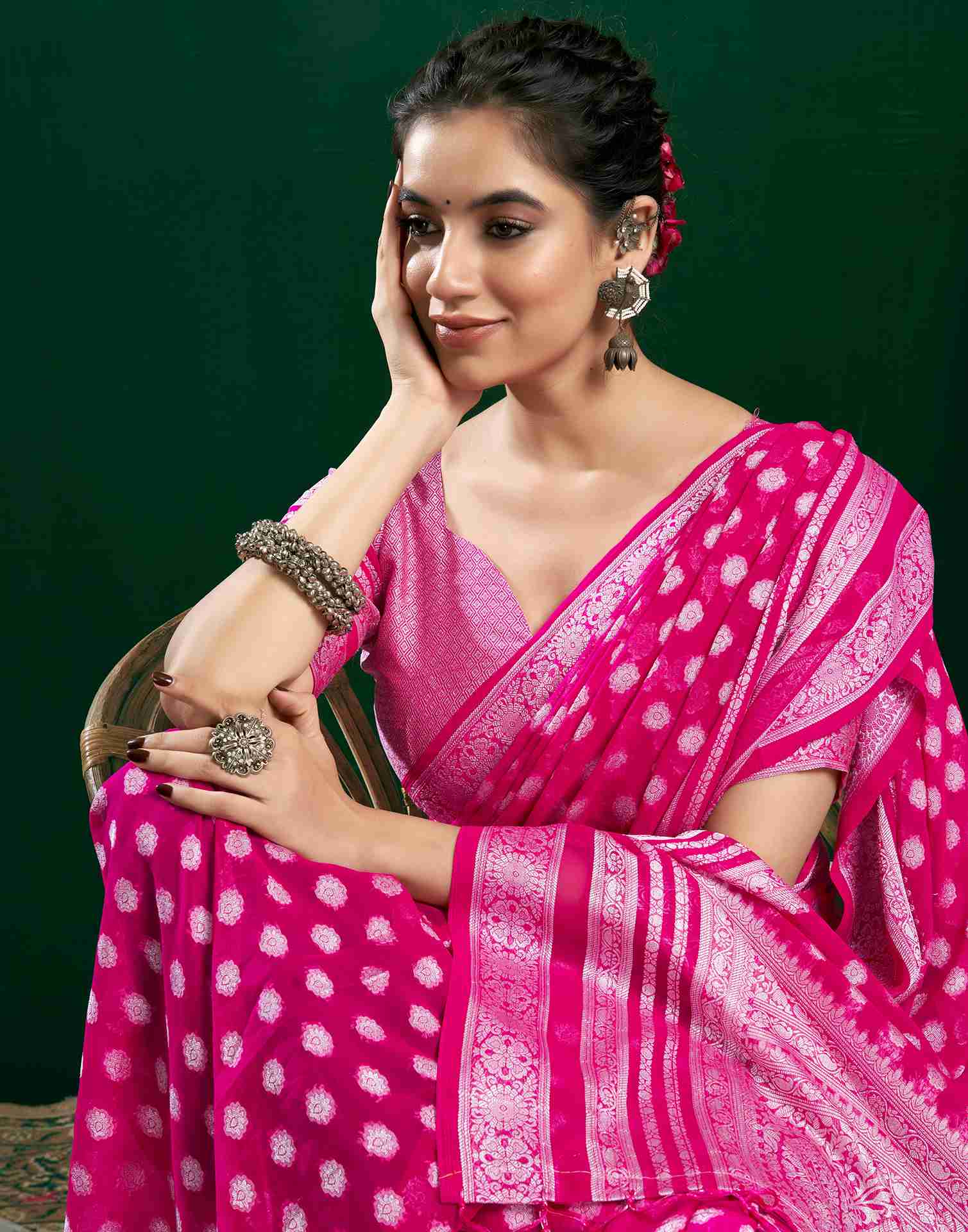 Dark Pink Georgette Woven Foil Printed Saree