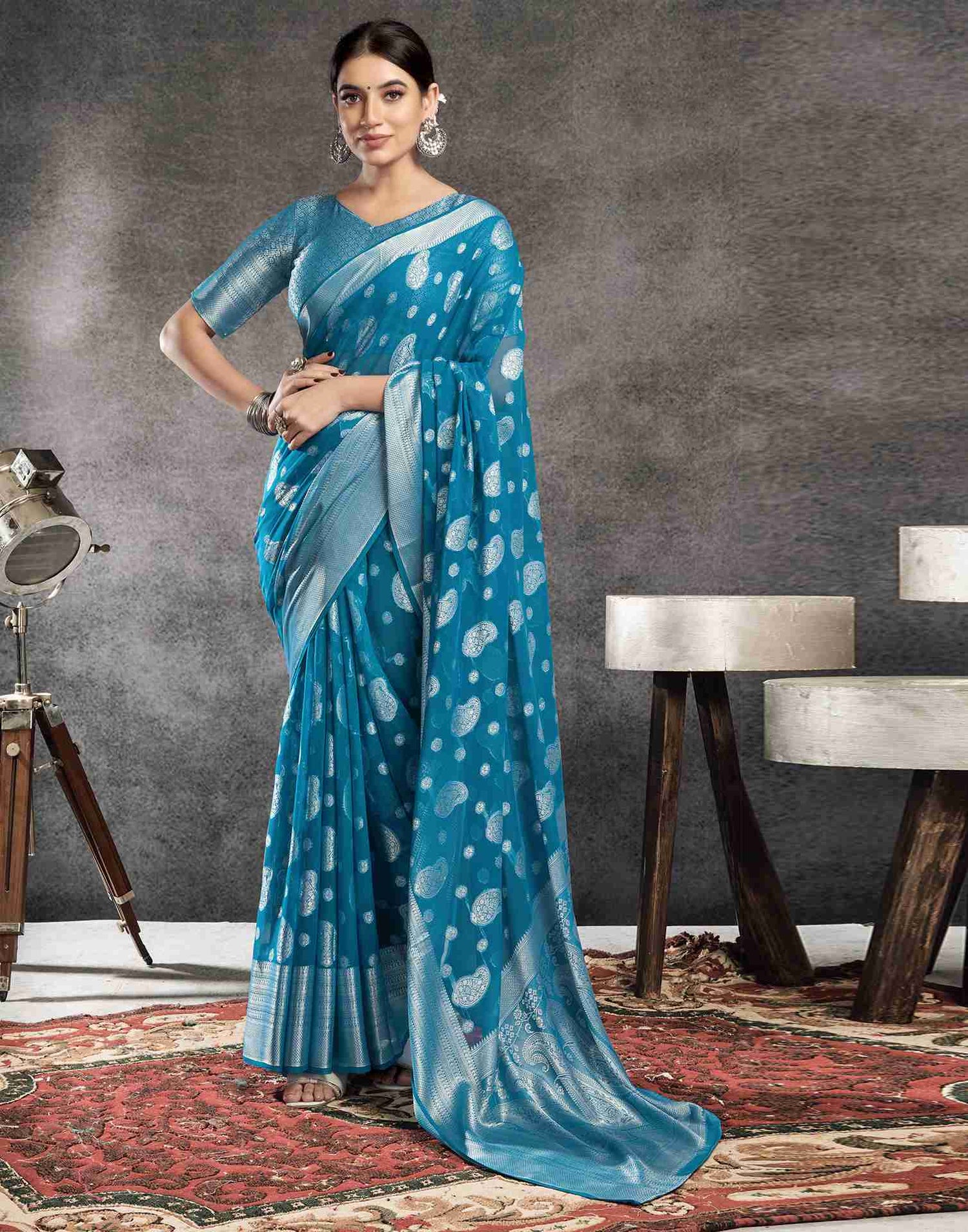 Teal Blue Georgette Woven Foil Printed Saree