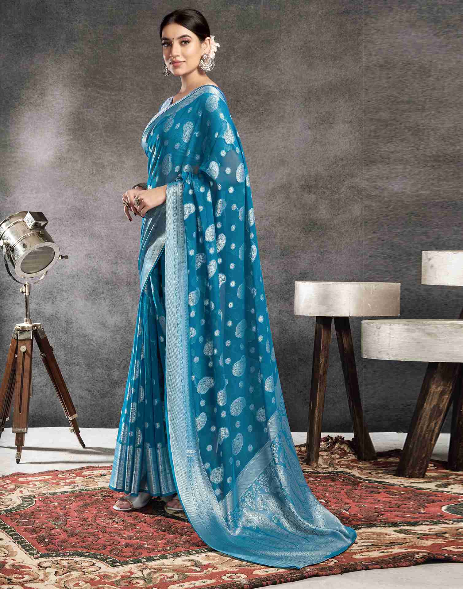 Teal Blue Georgette Woven Foil Printed Saree