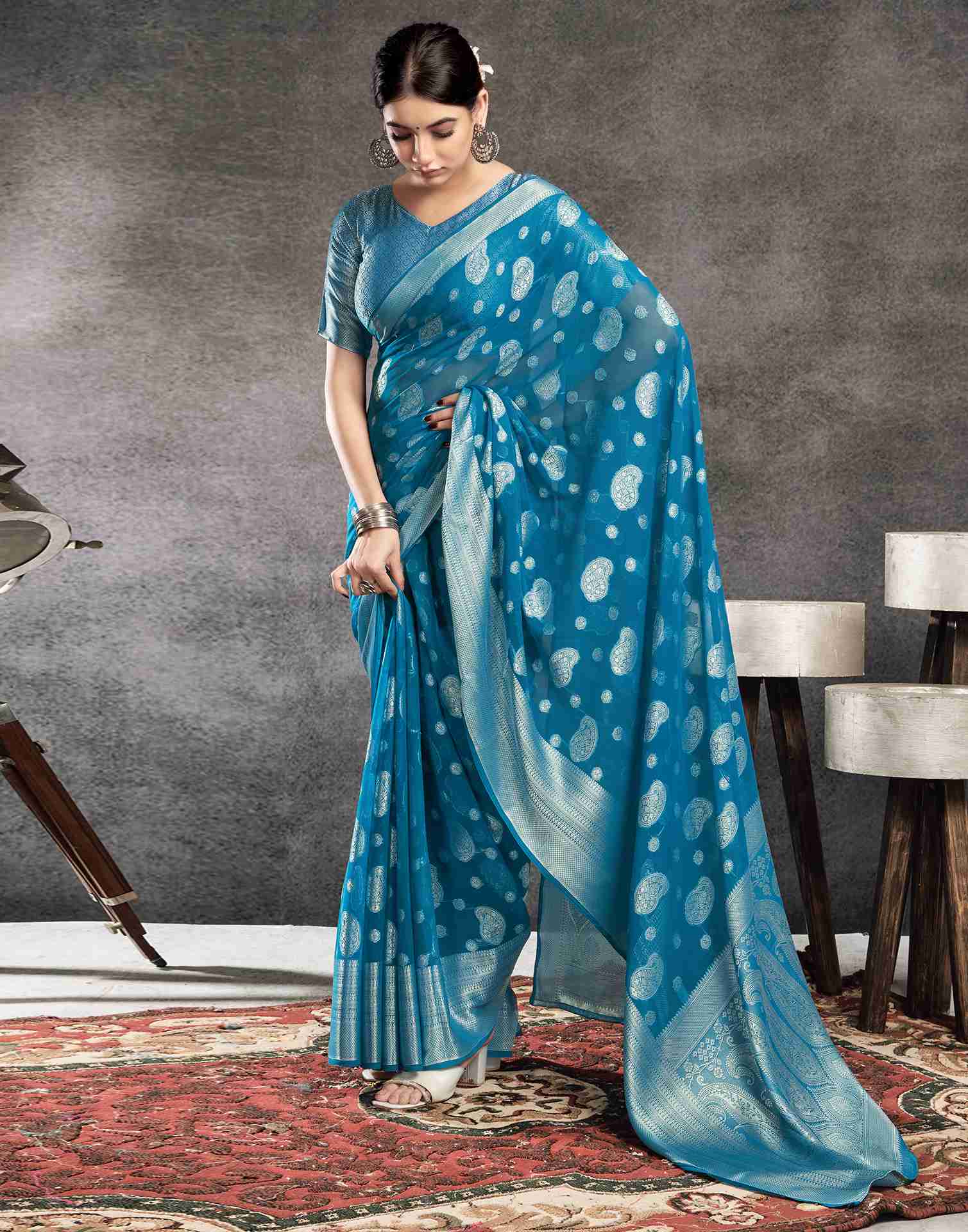 Teal Blue Georgette Woven Foil Printed Saree