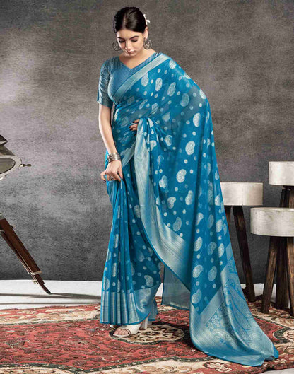 Teal Blue Georgette Woven Foil Printed Saree