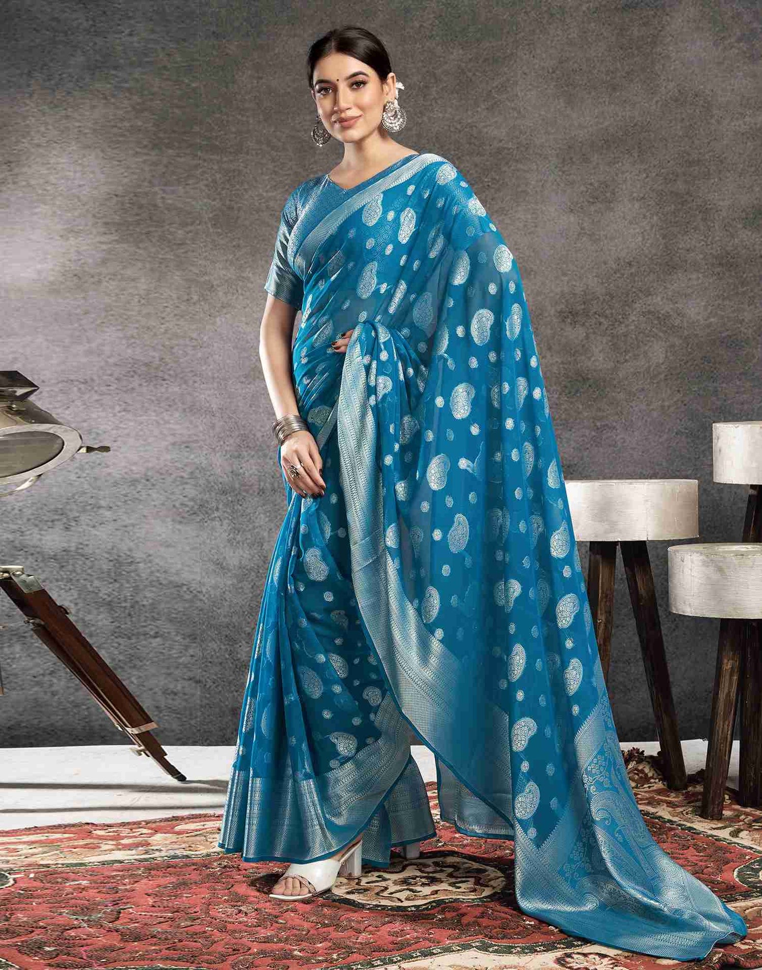 Teal Blue Georgette Woven Foil Printed Saree