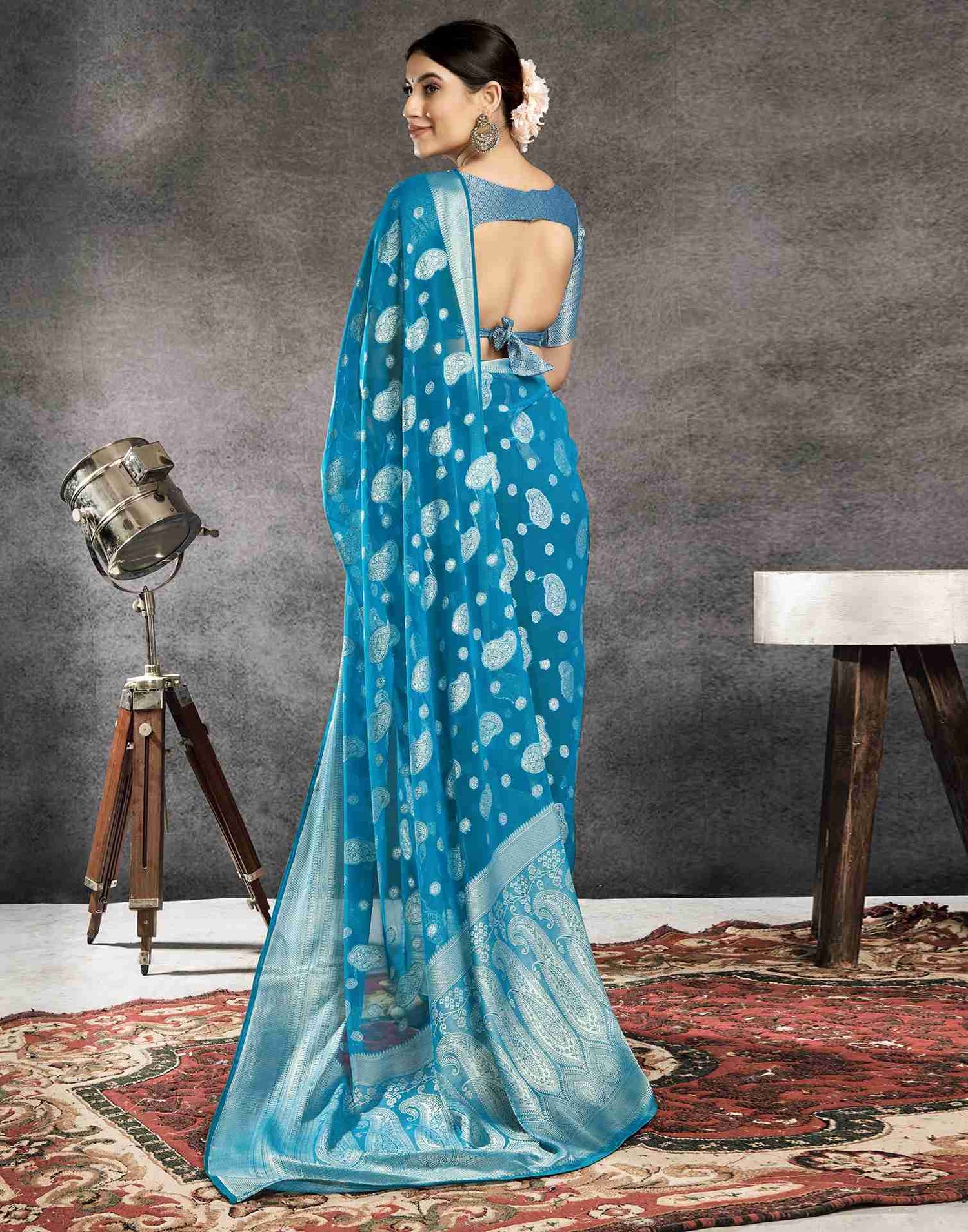 Teal Blue Georgette Woven Foil Printed Saree