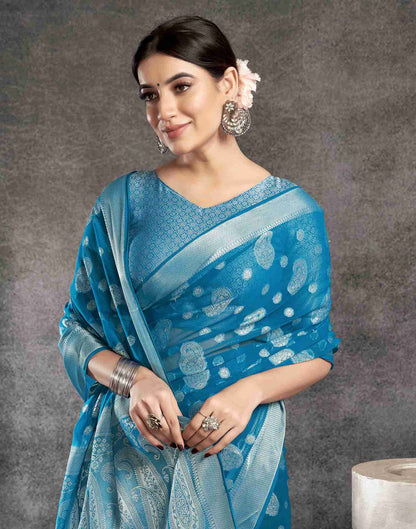 Teal Blue Georgette Woven Foil Printed Saree