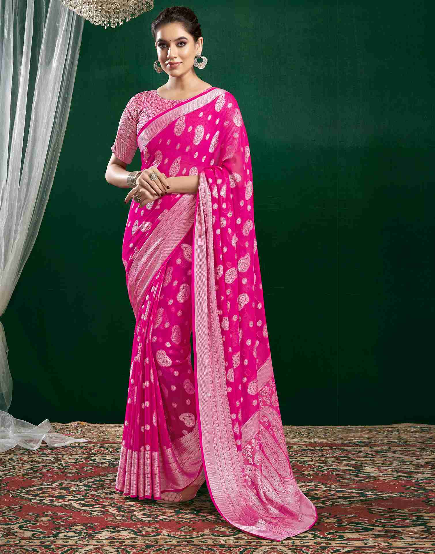 Dark Pink Georgette Woven Foil Printed Saree