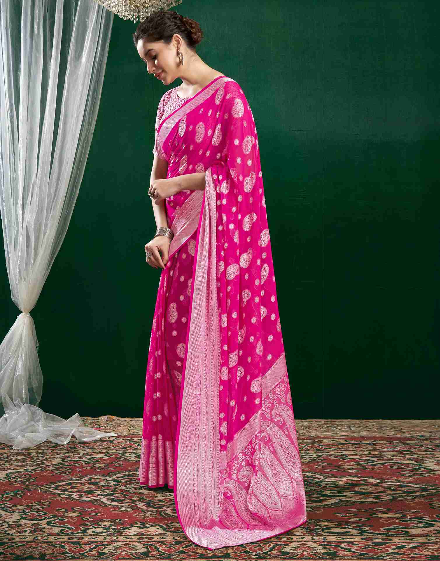 Dark Pink Georgette Woven Foil Printed Saree