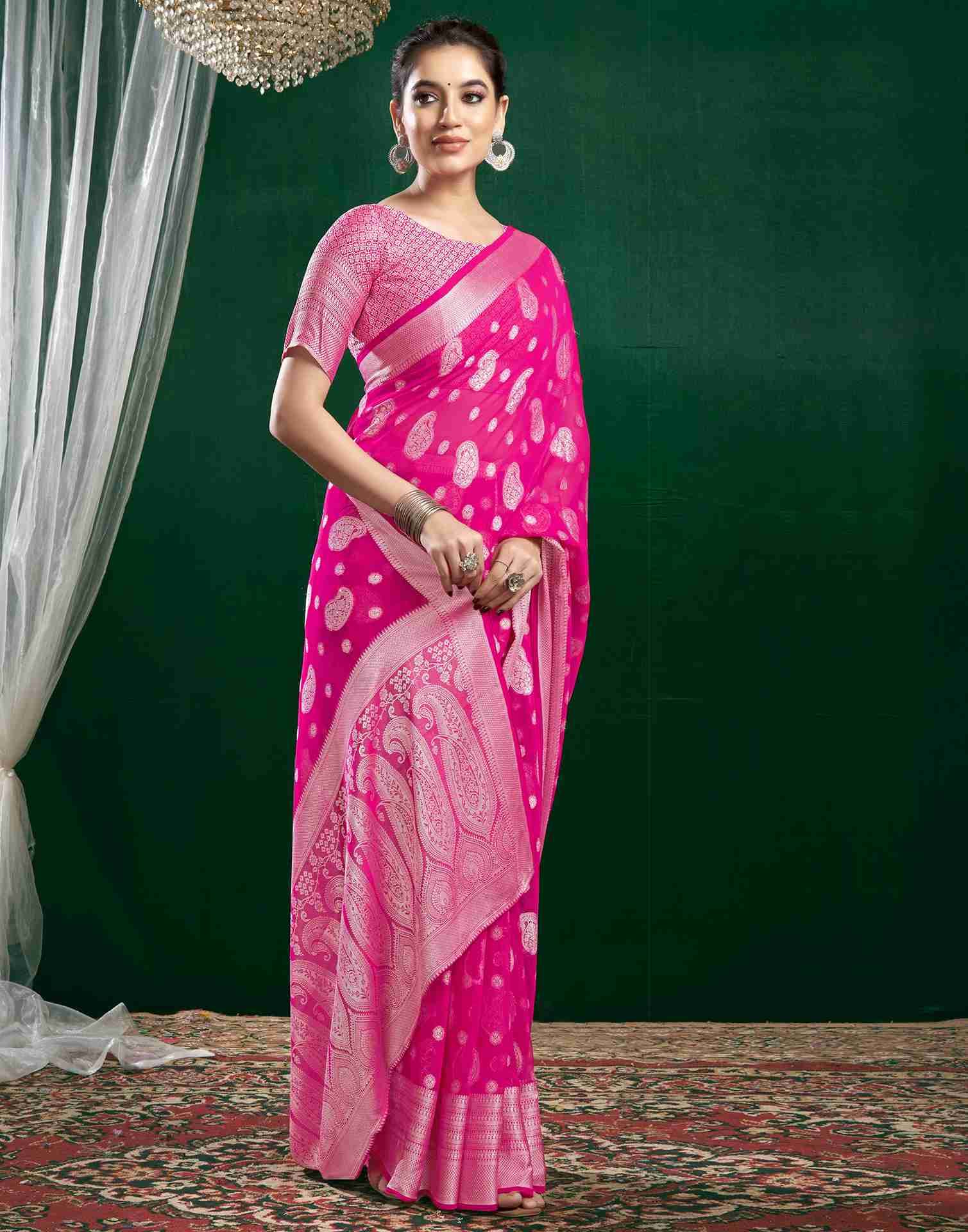 Dark Pink Georgette Woven Foil Printed Saree