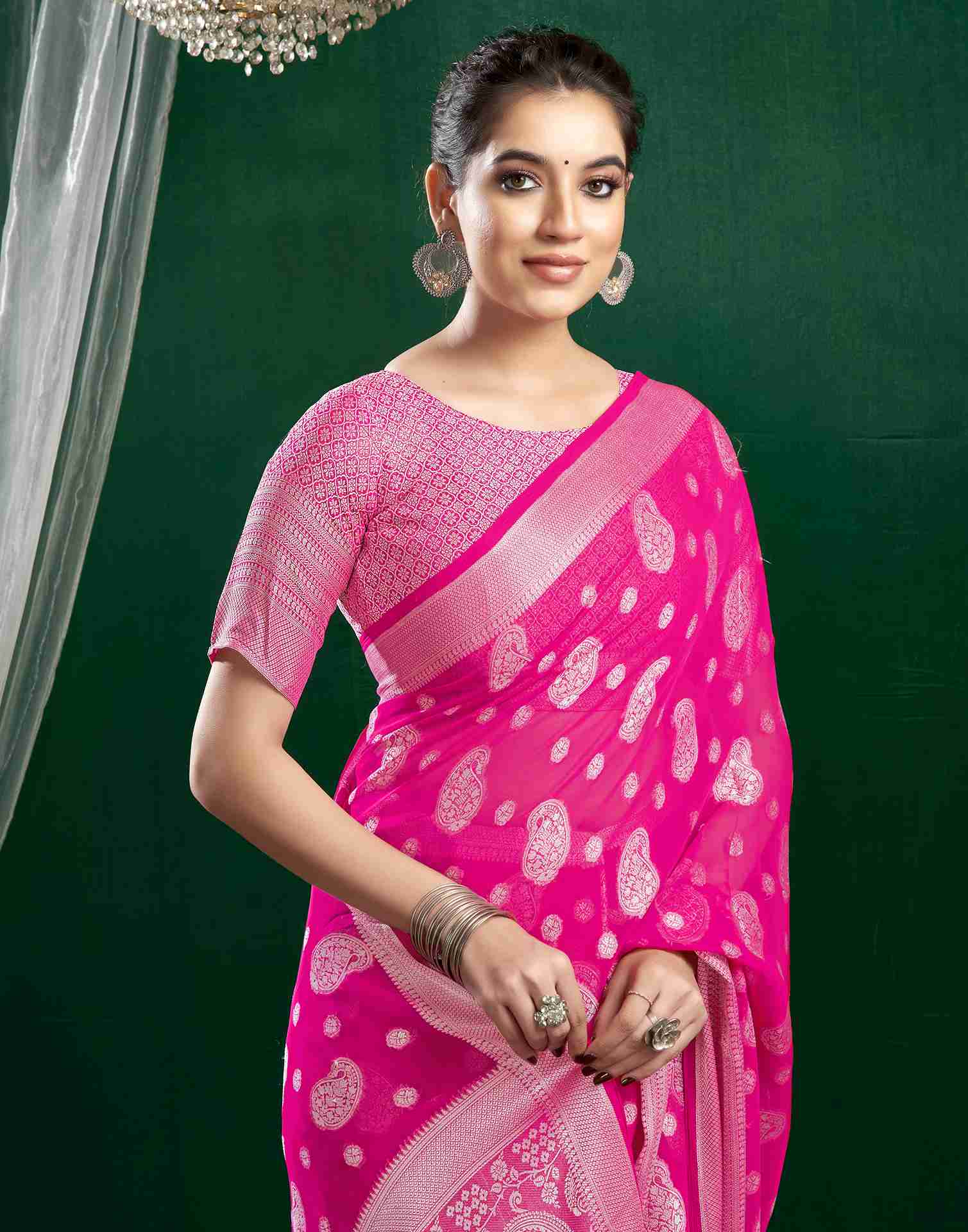 Dark Pink Georgette Woven Foil Printed Saree