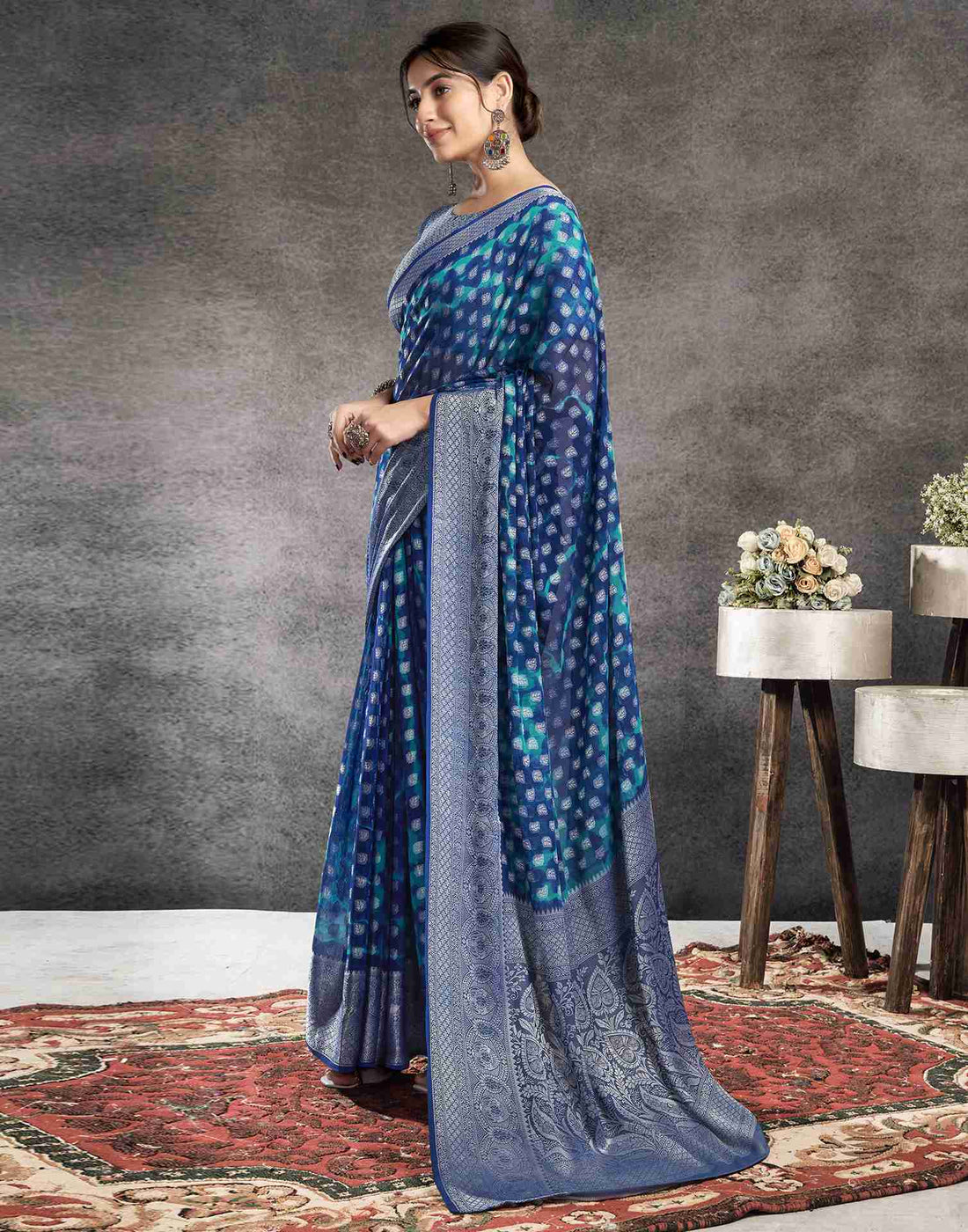 Dark Blue Georgette Foil Printed Saree