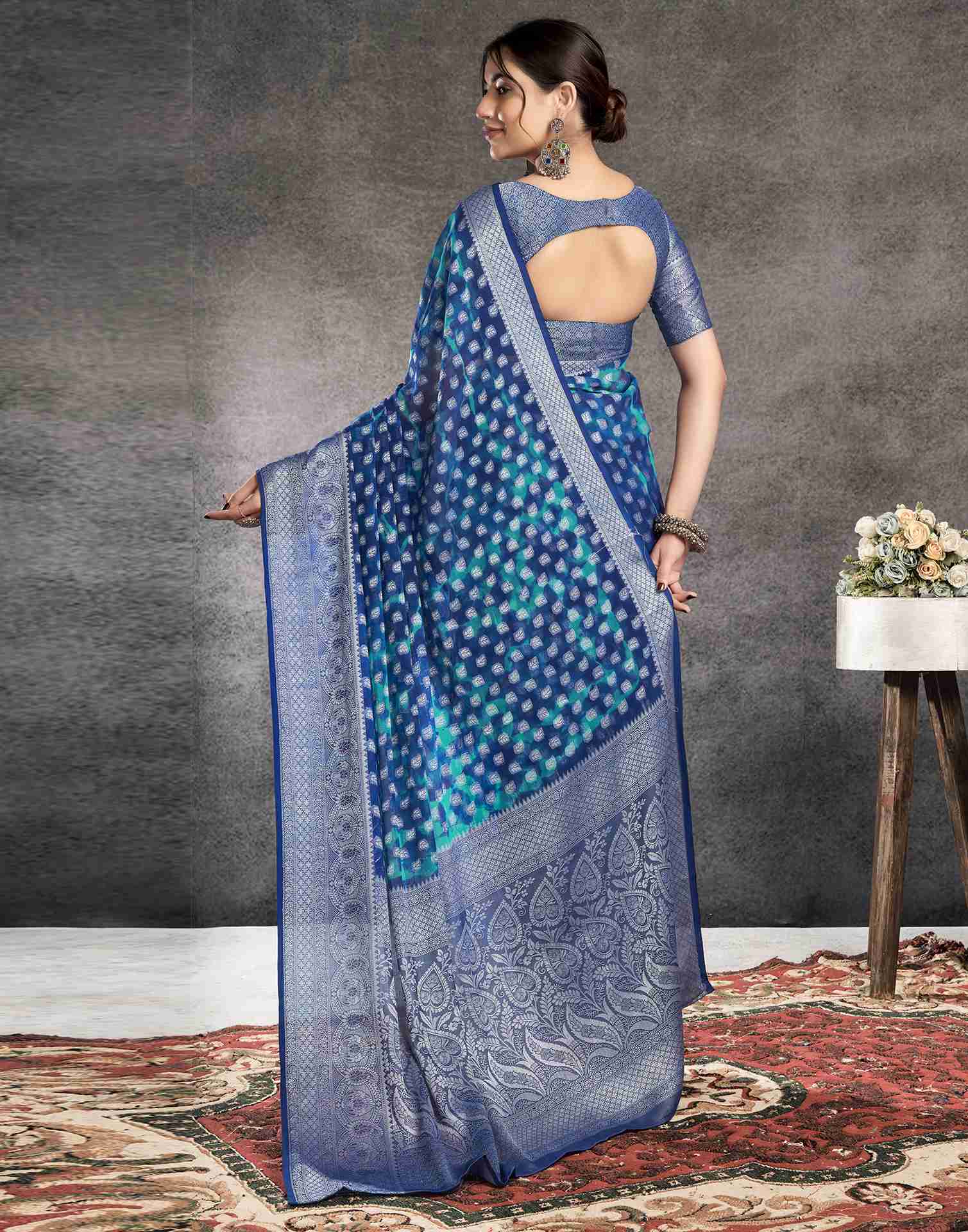 Dark Blue Georgette Foil Printed Saree