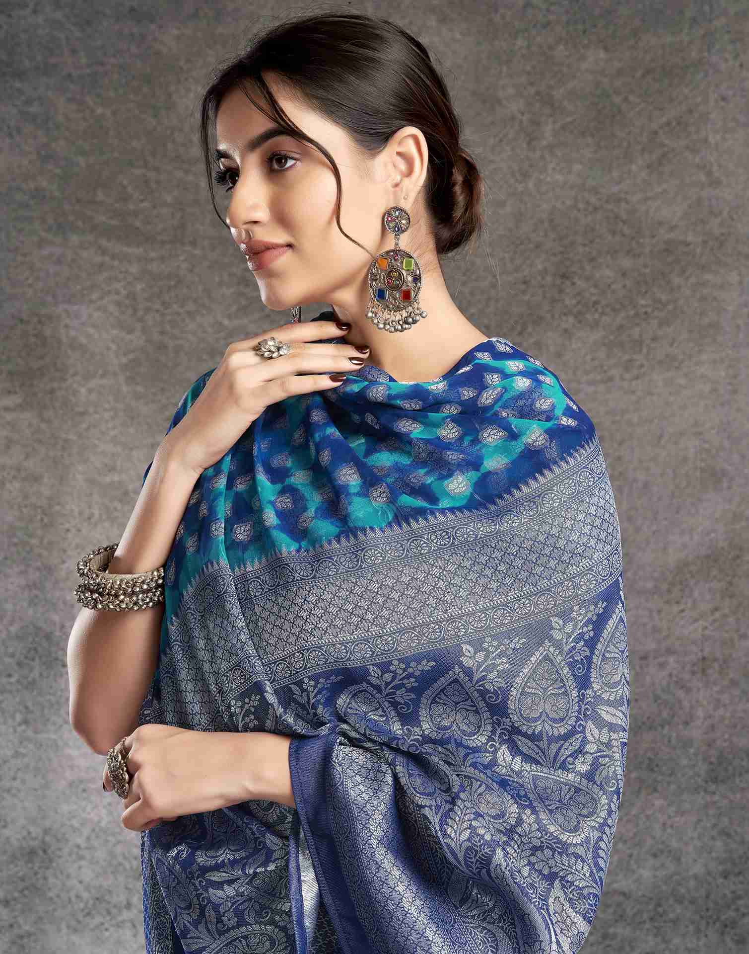 Dark Blue Georgette Foil Printed Saree