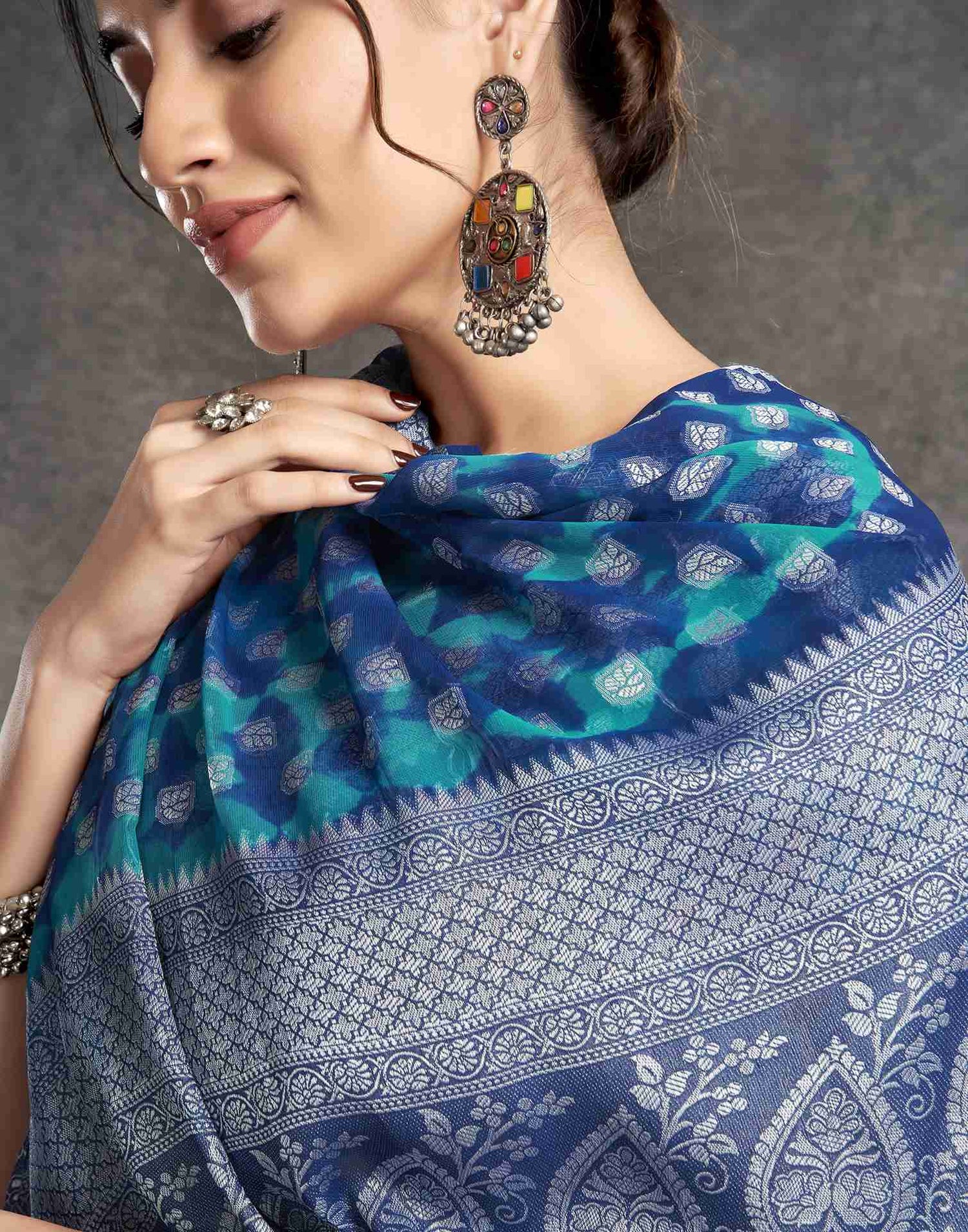 Dark Blue Georgette Foil Printed Saree