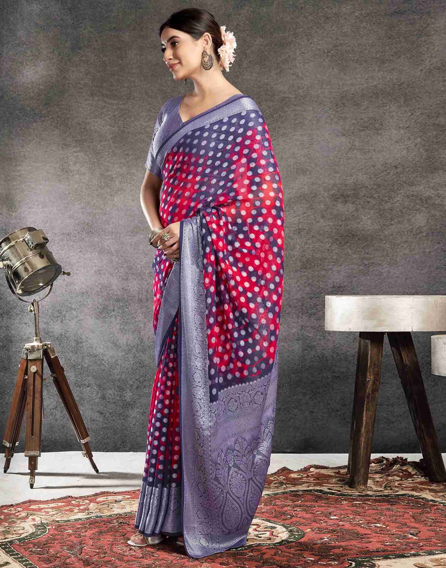 Navy Blue Georgette Woven Saree