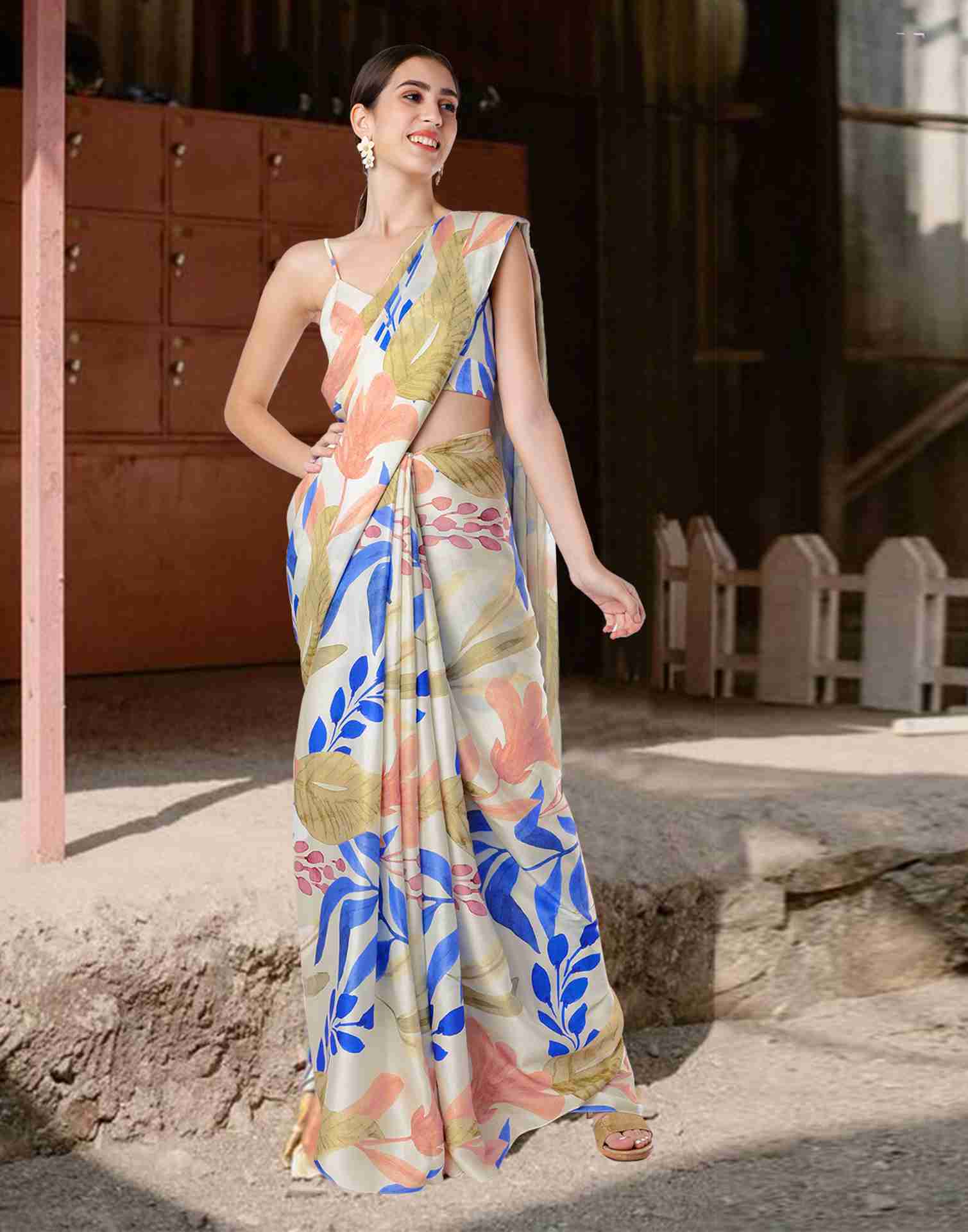 Cream Chiffon Printed Saree