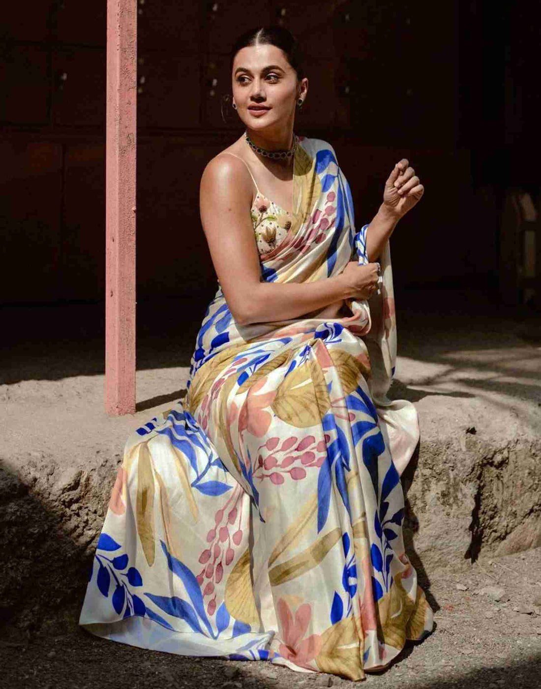 Cream Chiffon Printed Saree