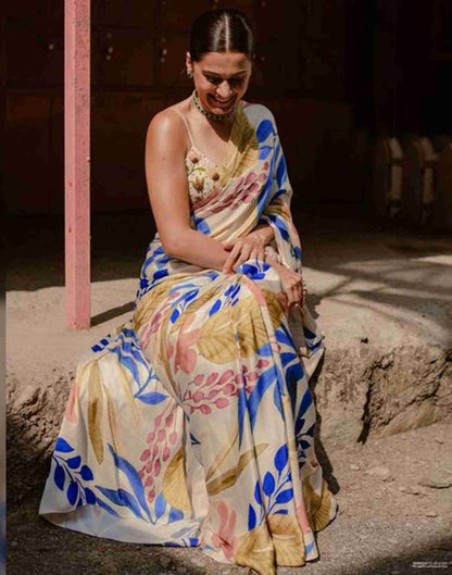 Cream Chiffon Printed Saree