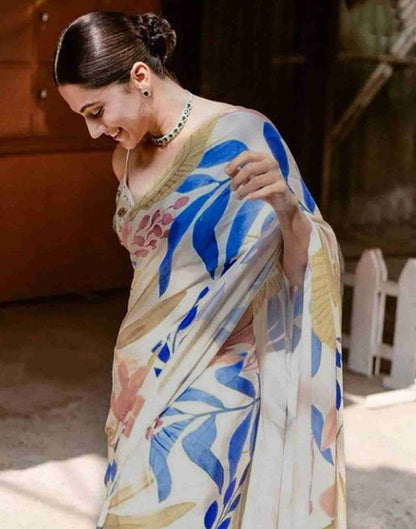 Cream Chiffon Printed Saree