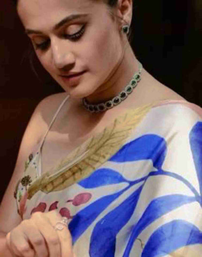 Cream Chiffon Printed Saree