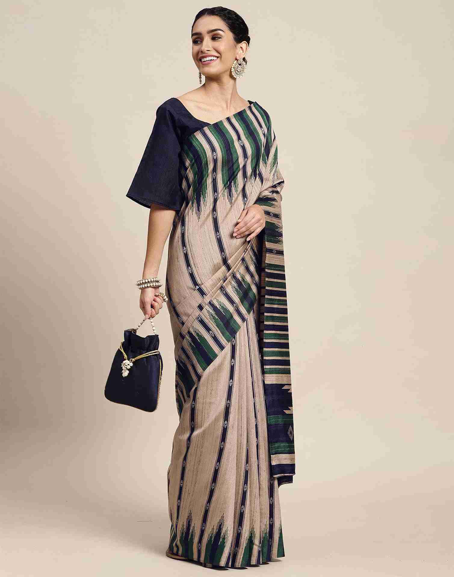 Light Beige Chiffon Geometric Printed Saree