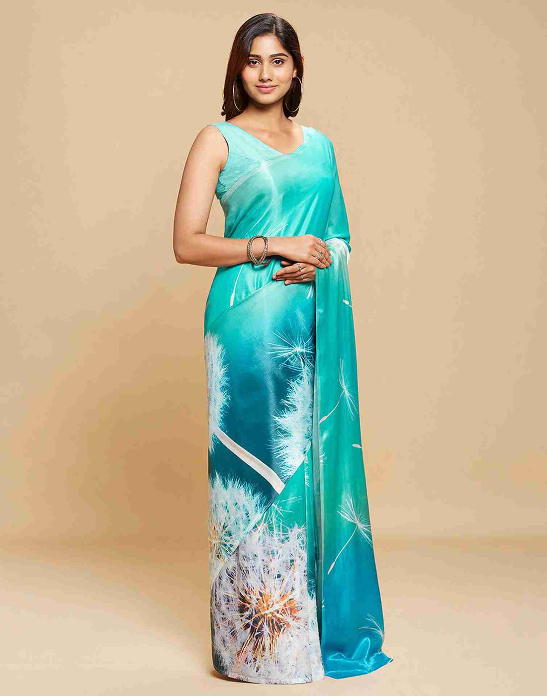 Turquoise Chiffon Printed Saree