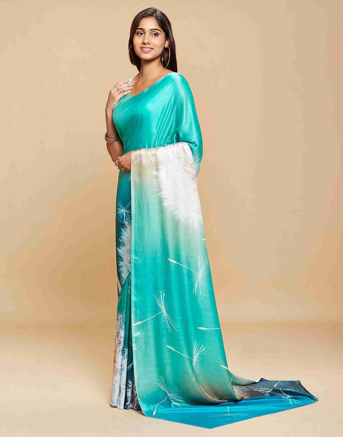 Turquoise Chiffon Printed Saree