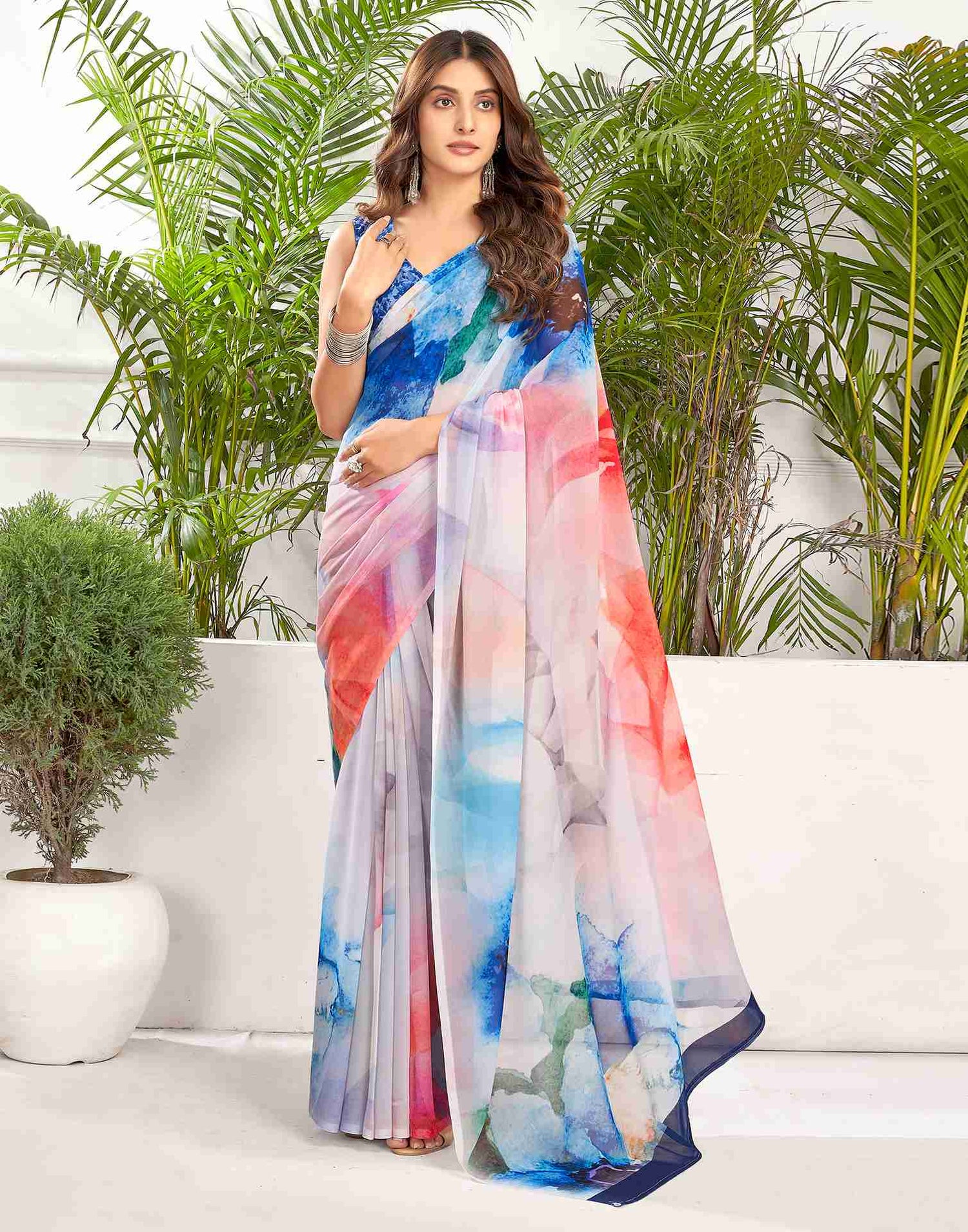 Grey Georgette Printed Saree