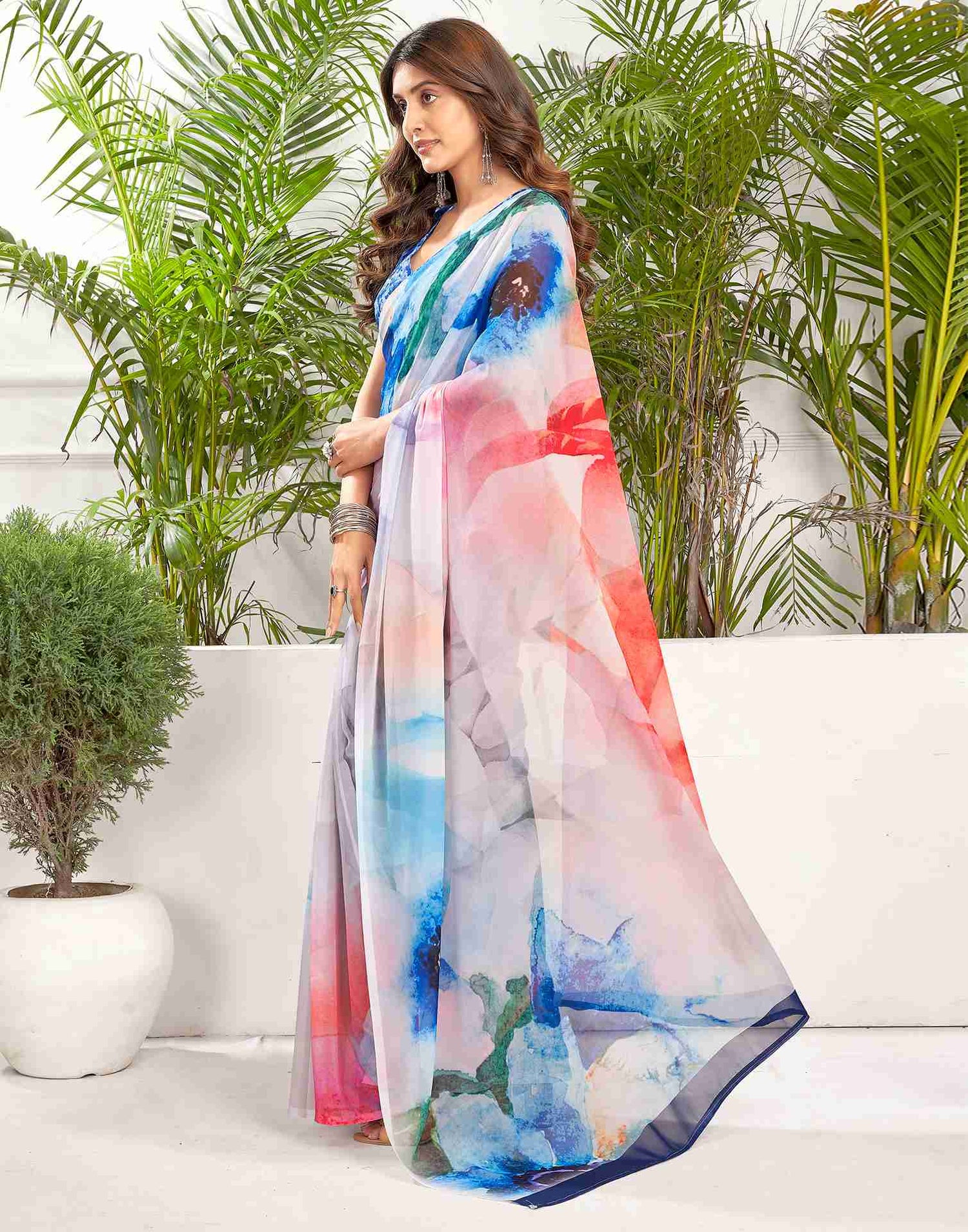 Grey Georgette Printed Saree