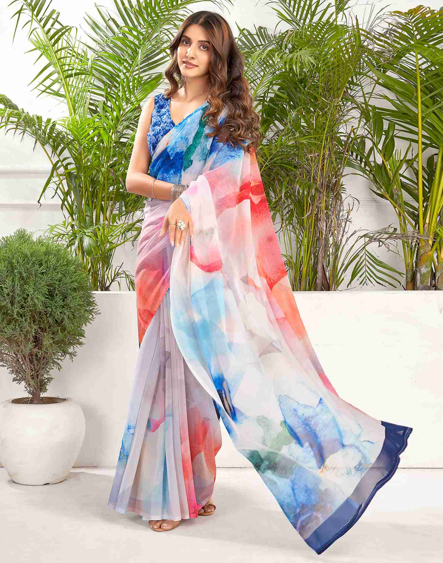 Grey Georgette Printed Saree