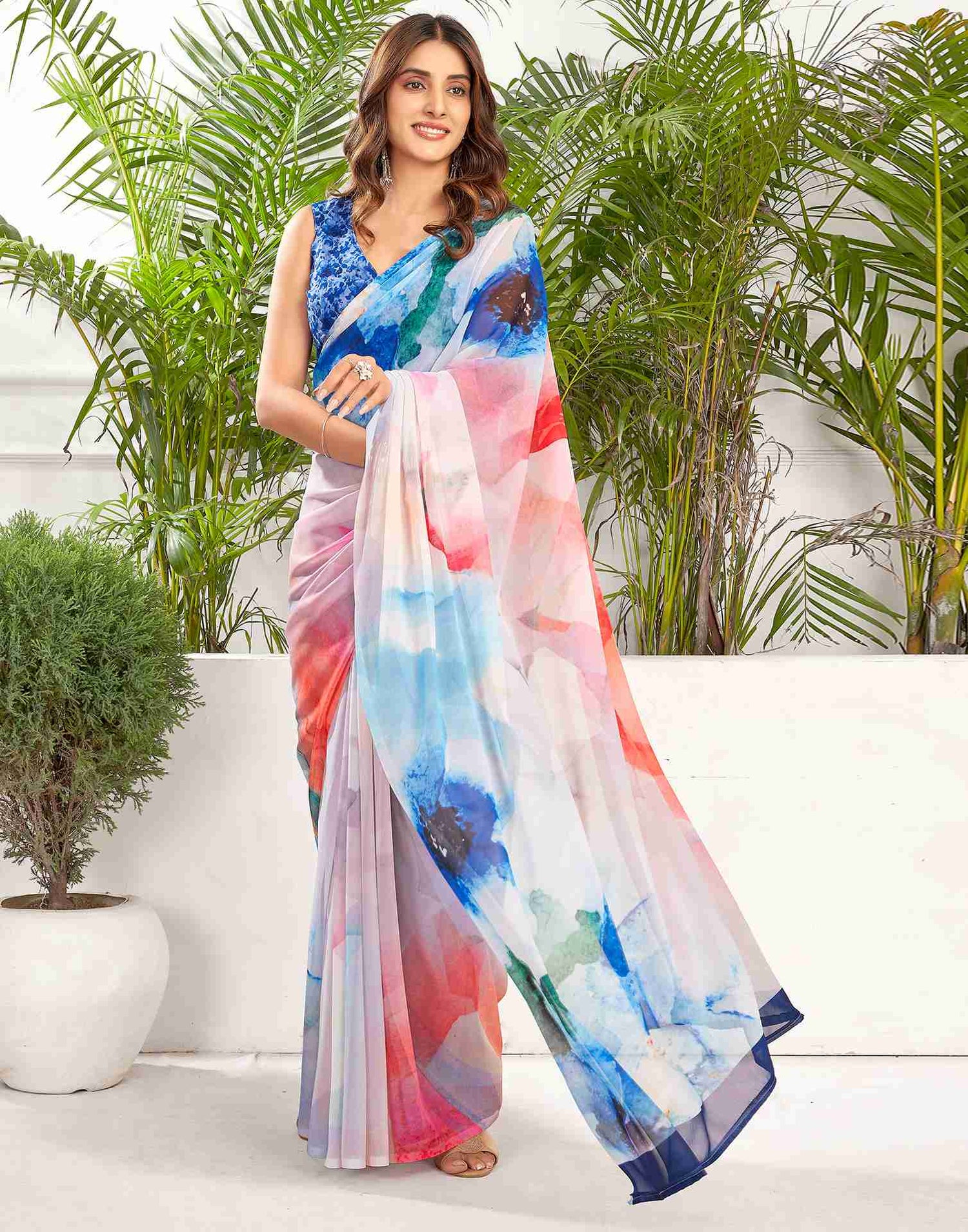 Grey Georgette Printed Saree